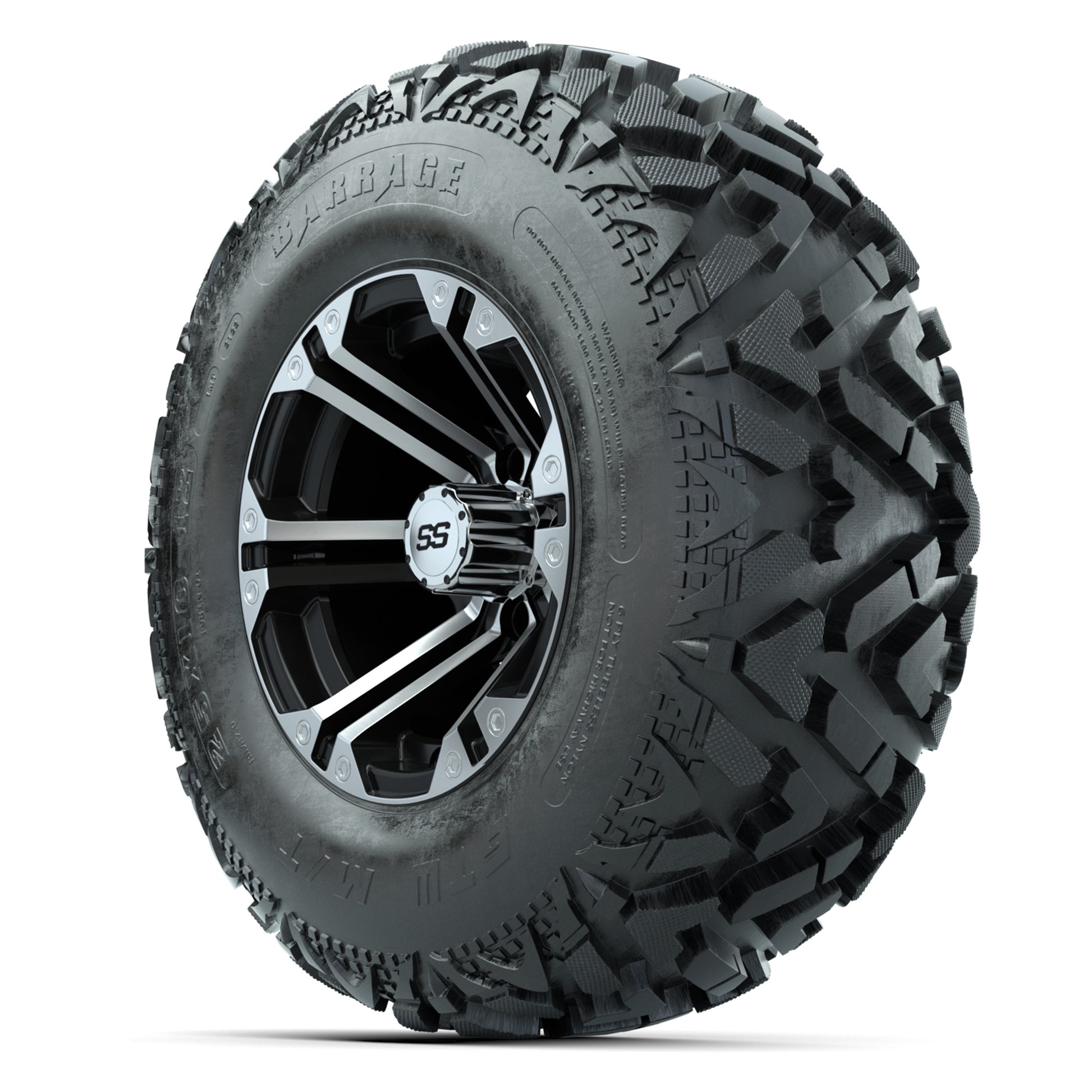 GTW® Specter Black/Machined 12 in Wheels with 25X10-12 Barrage Mud Tires – Full Set