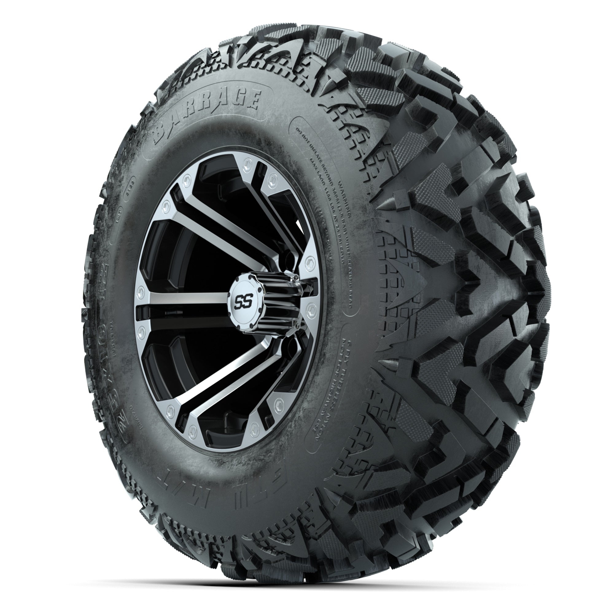 GTW® Specter Black/Machined 12 in Wheels with 25X10-12 Barrage Mud Tires – Full Set