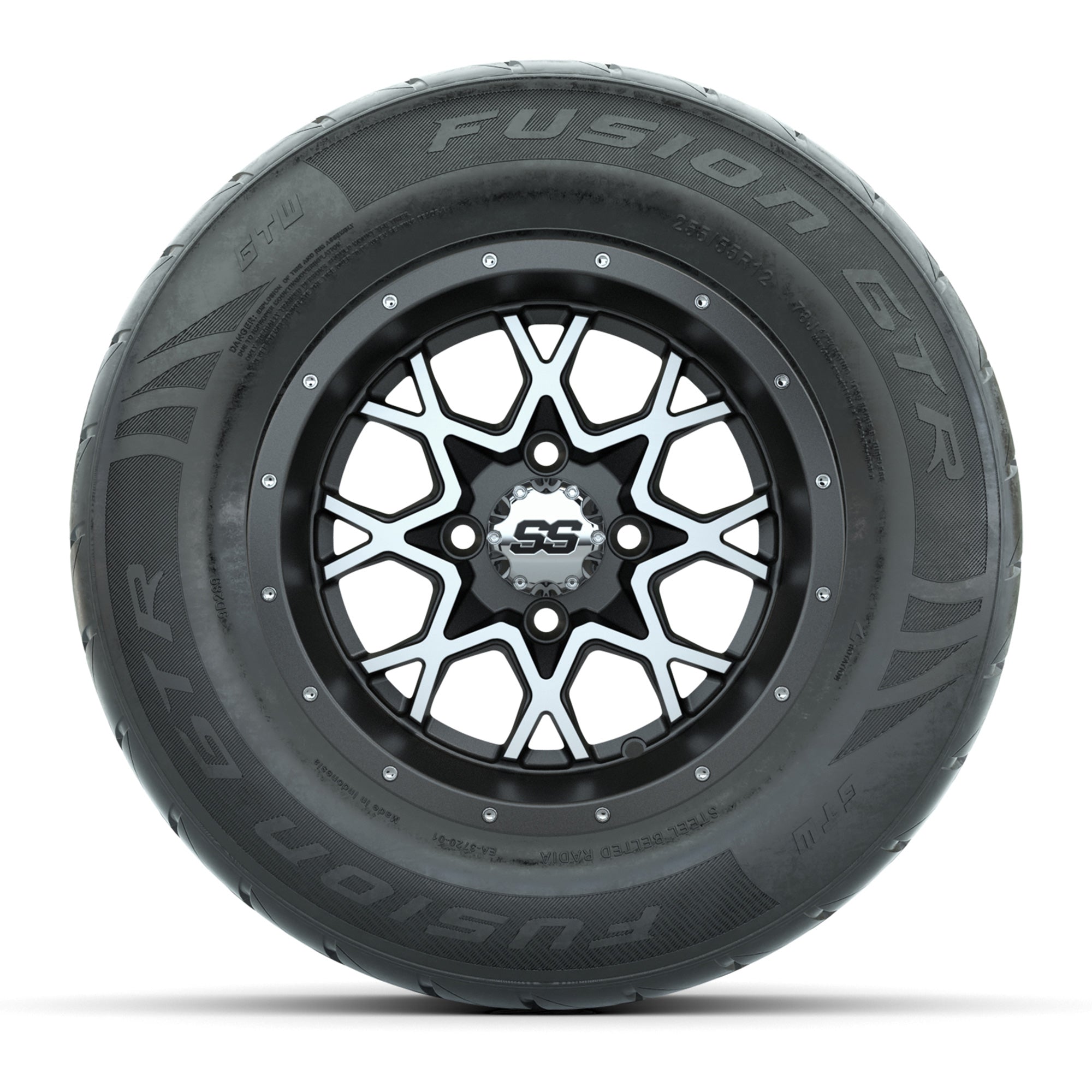 GTW® Vortex 2 Matte Gray/Machined 12 in Wheels with 255/55-R12 Fusion GTR Steel Belt Radial Street Tires – Full Set