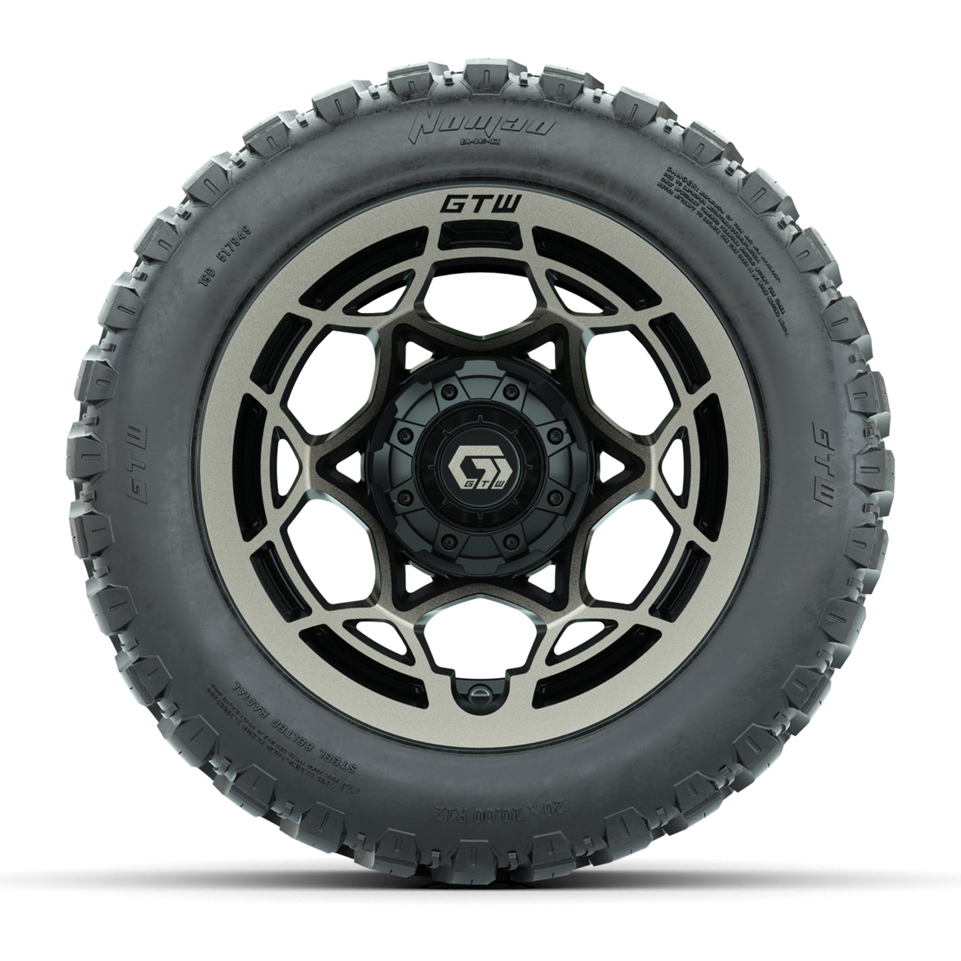 GTW® Nexus Black with Bronze Face 12 in Wheels with 20X10-12 Nomad Steel Belt Radial All-Terrain Tires – Full Set