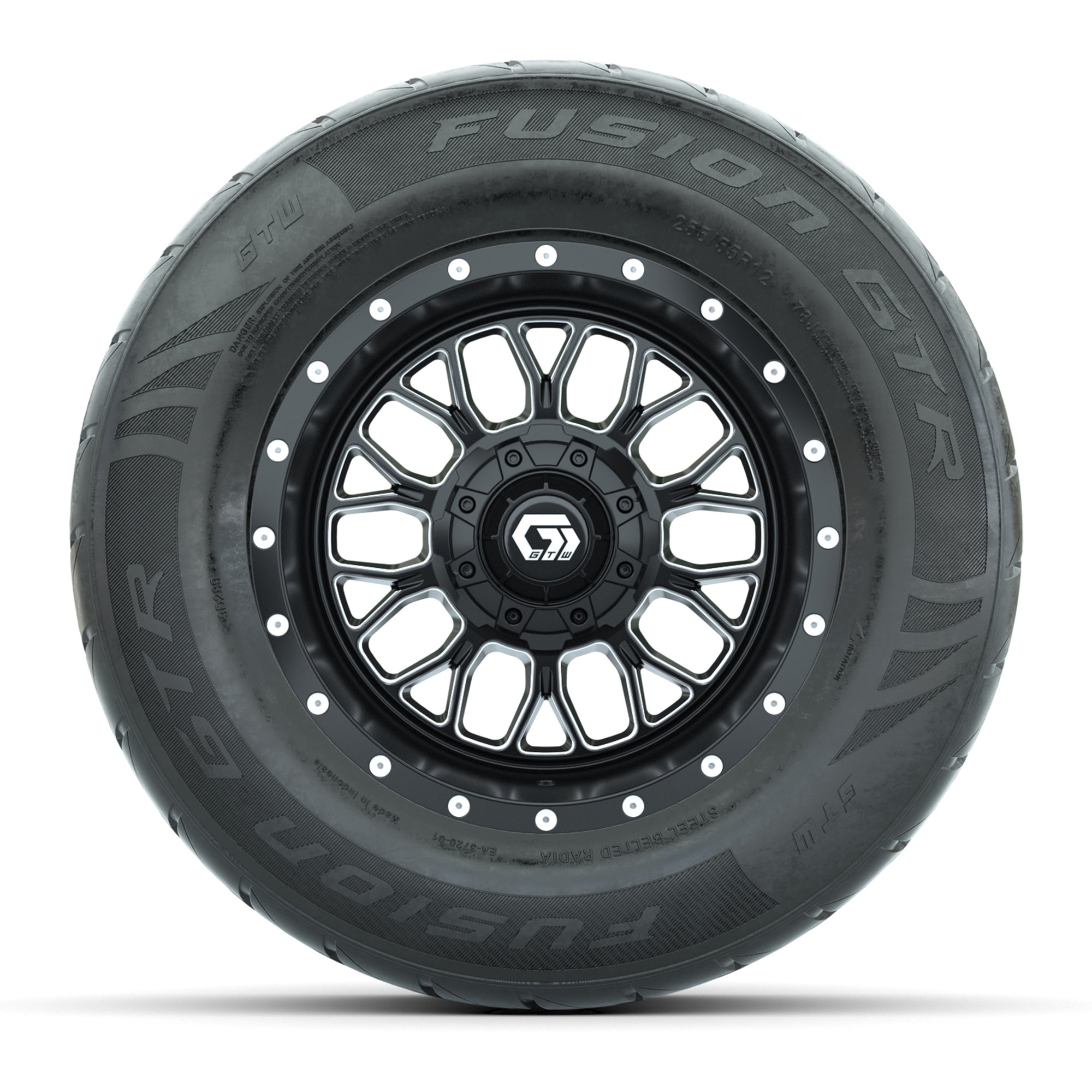 GTW® Helix Black/Machined 12 in Wheels with 255/55-R12 Fusion GTR Steel Belt Radial Street Tires – Full Set