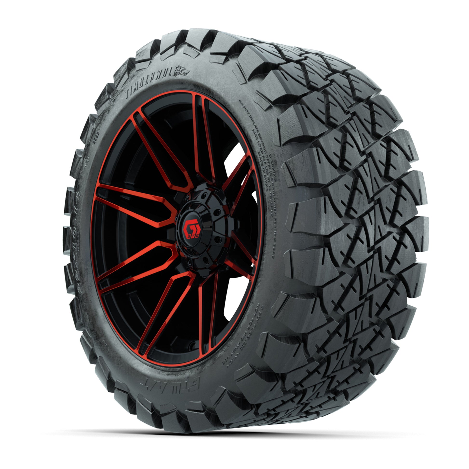 GTW® Stealth Gloss Black/Red 14 in Wheels with 22x10-14 Timb - 3/4 view