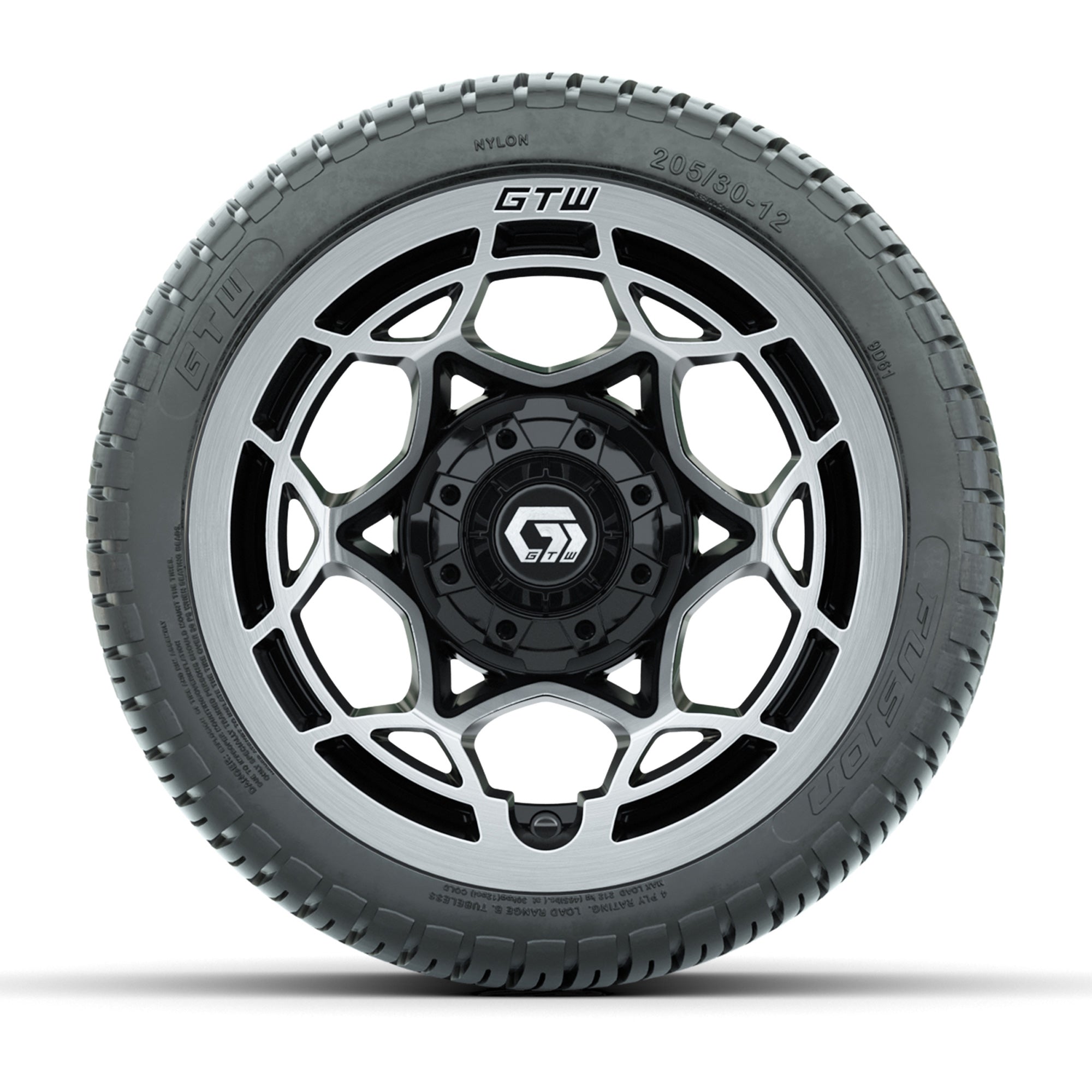 GTW® Nexus Black with Silver Face 12 in Wheels with 205/30-12 Fusion Street Tires – Full Set