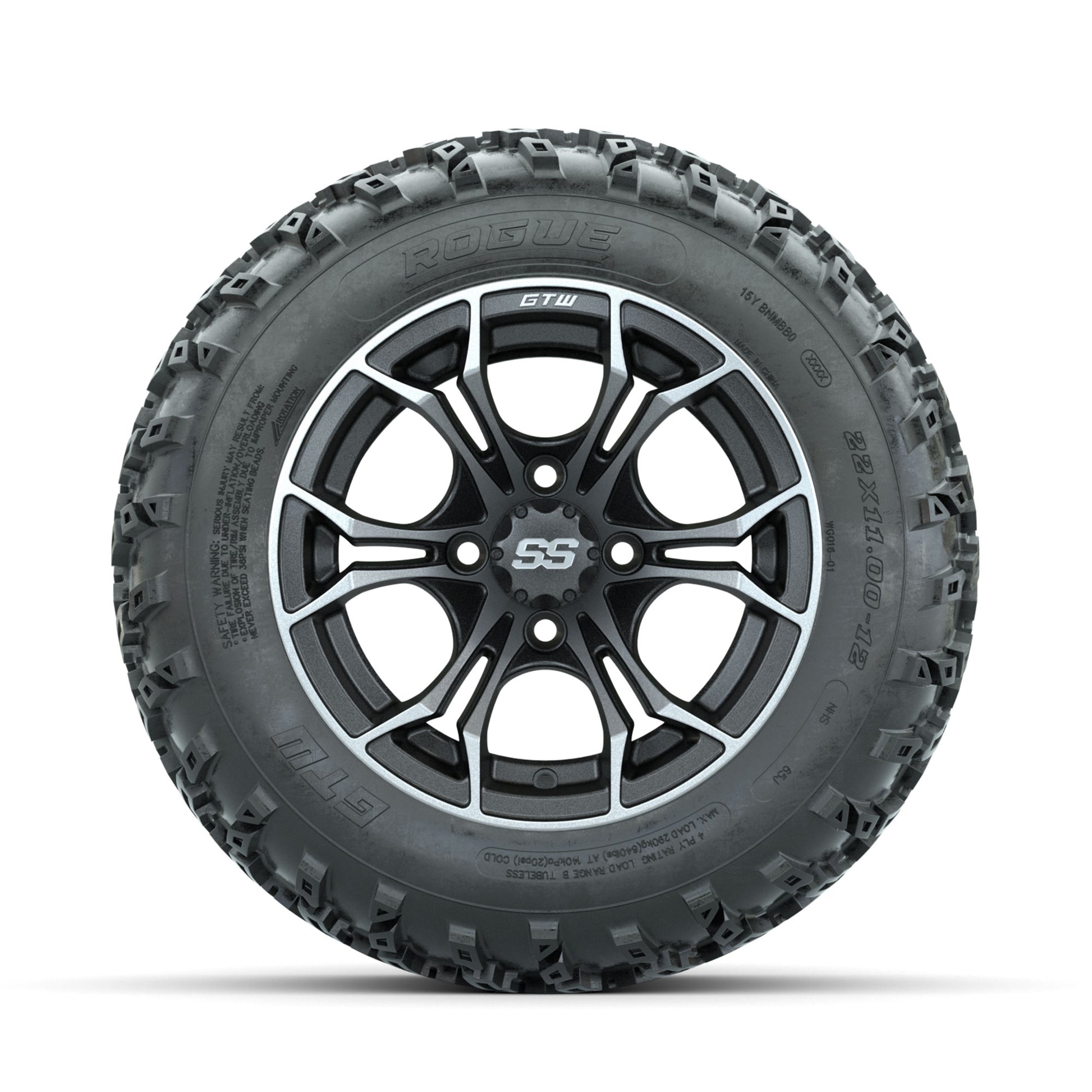 GTW Spyder Machined/Grey 12 in Wheels with 22x11.00-12 Rogue All Terrain Tires – Full Set