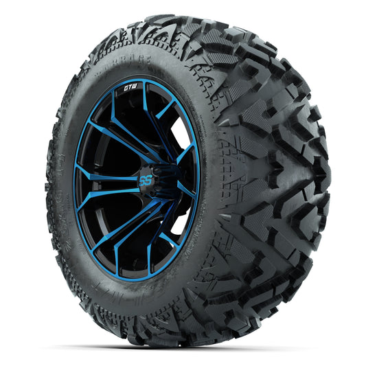 GTW Spyder Black/Blue 14 in Wheels with 25x10-14 Barrage Mud - 3/4 view