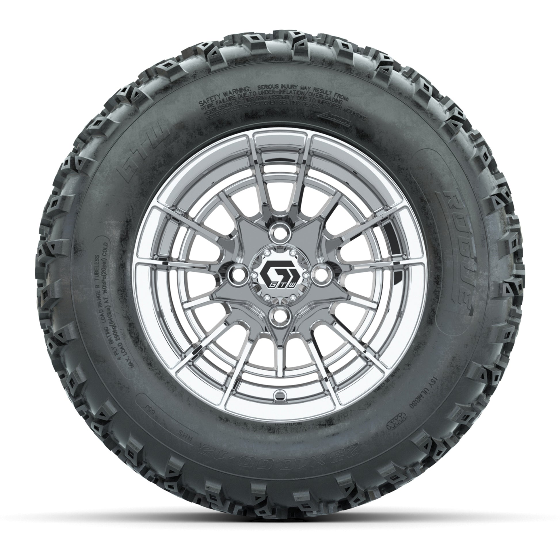 GTW® Boost Chrome 12 in Wheels with 23X10.00-12 Rogue All-Terrain Tires – Full Set
