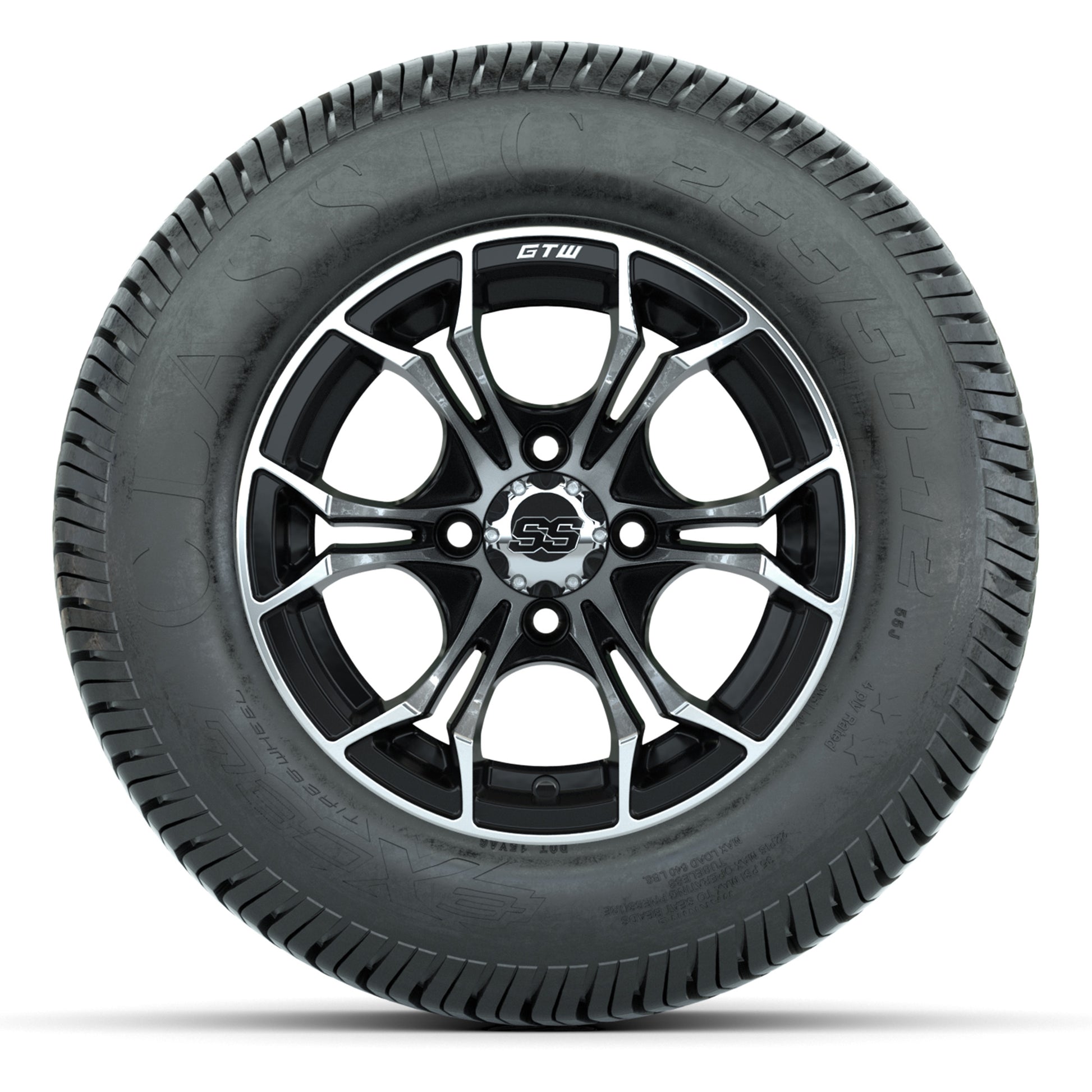 GTW® Spyder Black/Machined 12 in Wheels with 255/50-12 Excel Classic Street Tires – Full Set