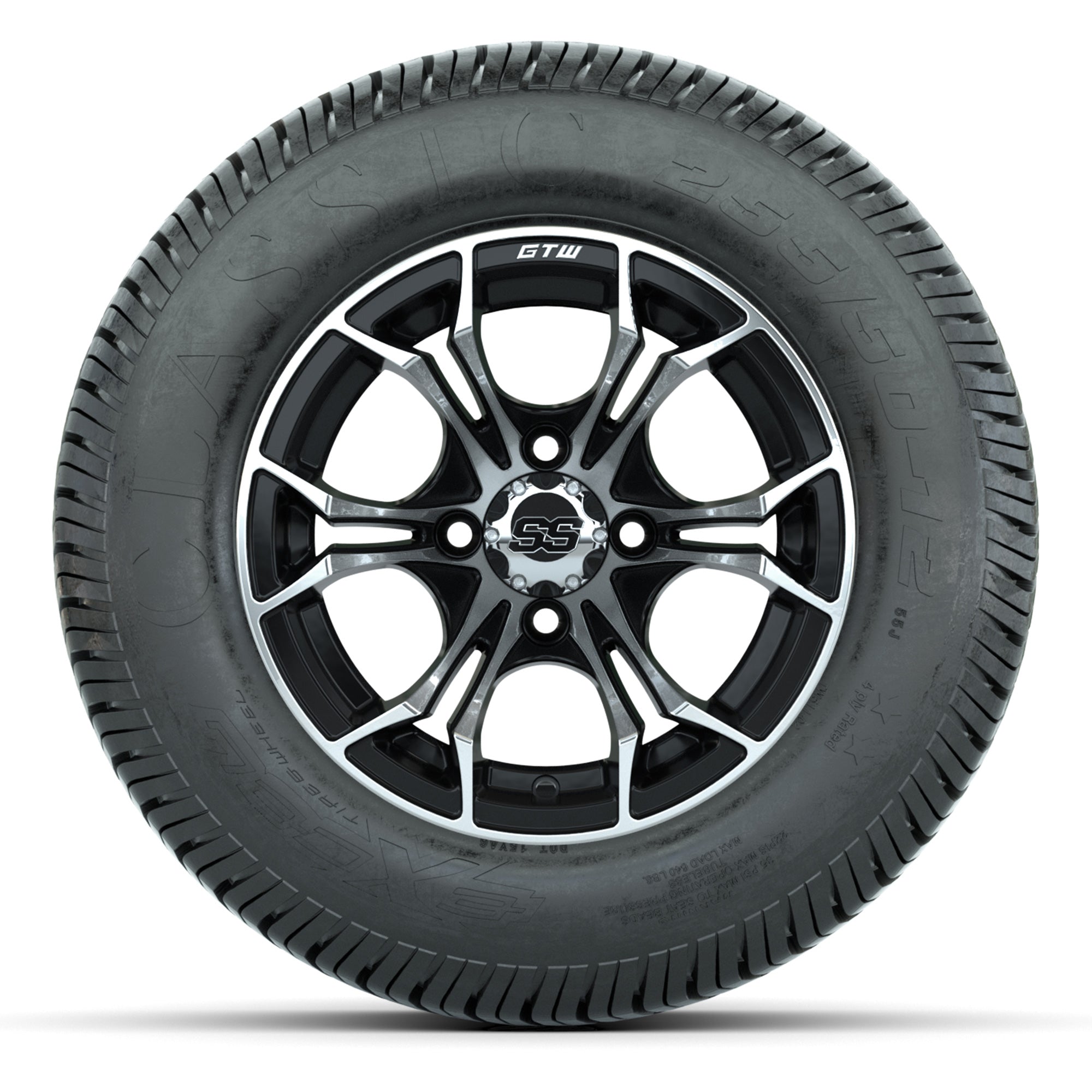 GTW® Spyder Black/Machined 12 in Wheels with 255/50-12 Excel Classic Street Tires – Full Set