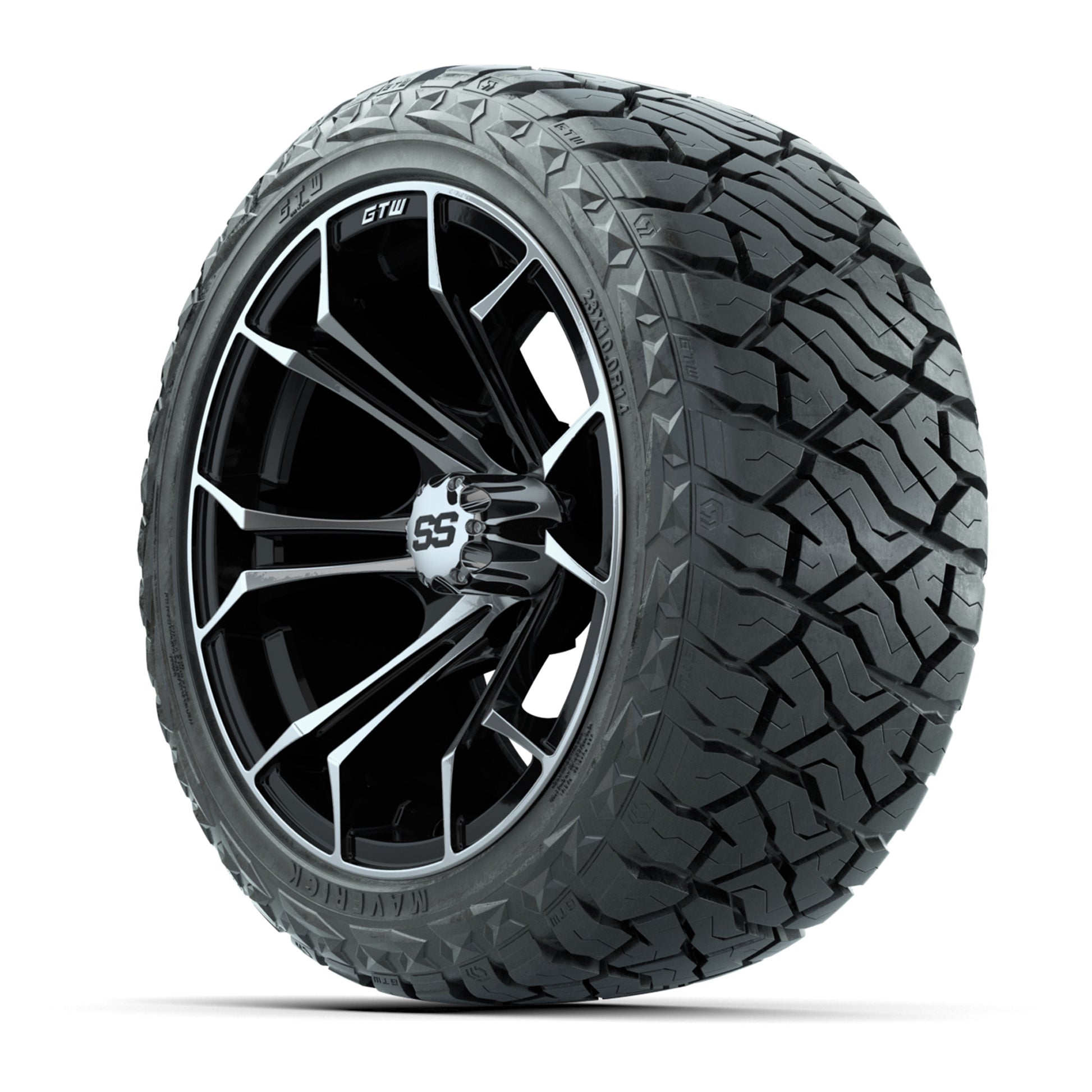 GTW Spyder Black/Machined 14 in Wheels with 23x10.00-R14 Mav - 3/4 view