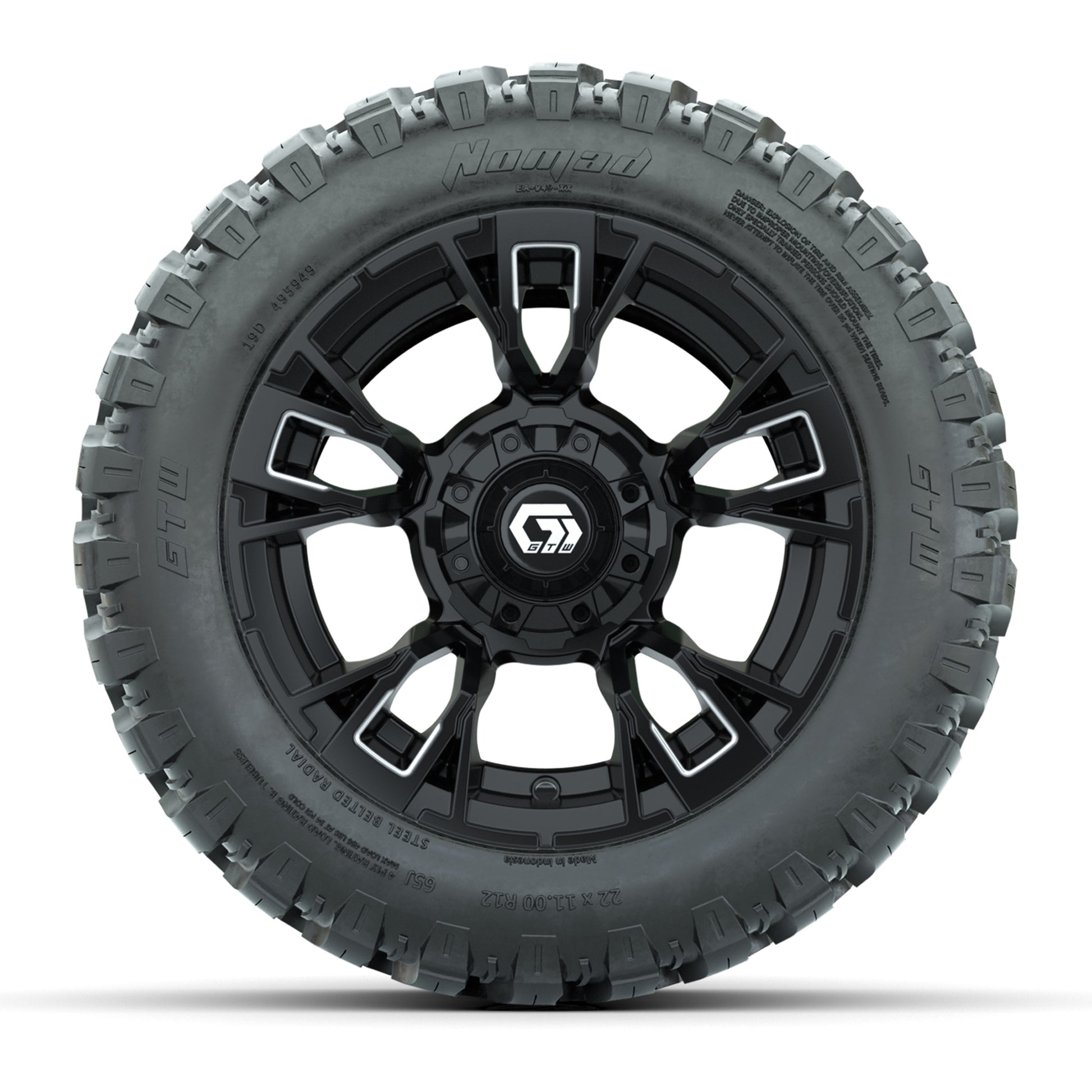 GTW® Vandal Matte Black/Machined 12 in Wheels with 22X11-R12 Nomad Steel Belt Radial All-Terrain Tires – Full Set
