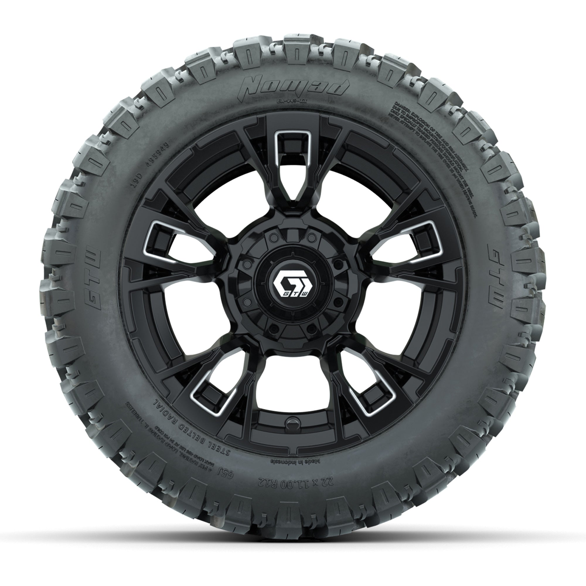 GTW® Vandal Matte Black/Machined 12 in Wheels with 22X11-R12 Nomad Steel Belt Radial All-Terrain Tires – Full Set