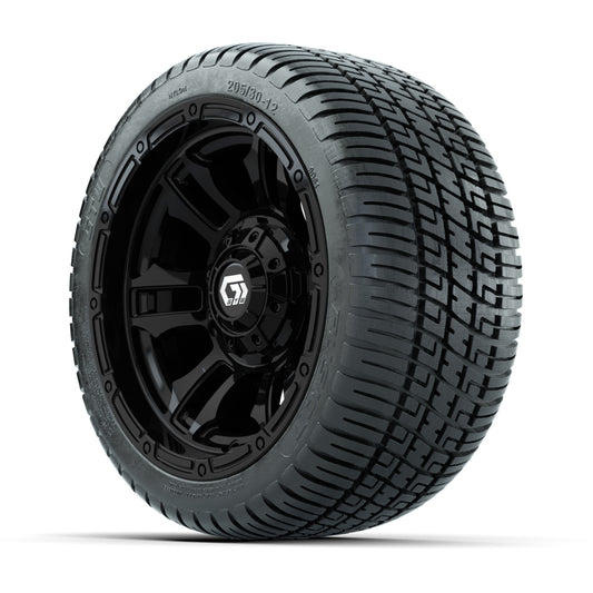 GTW® Shogun Gloss Black 12 in Wheels with 205/30-12 Fusion Street Tires – Full Set
