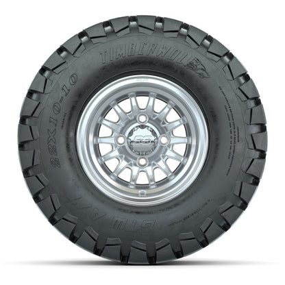 GTW Medusa Silver and Machined Wheels with 22in Timberwolf Mud Tires - 10 Inch
