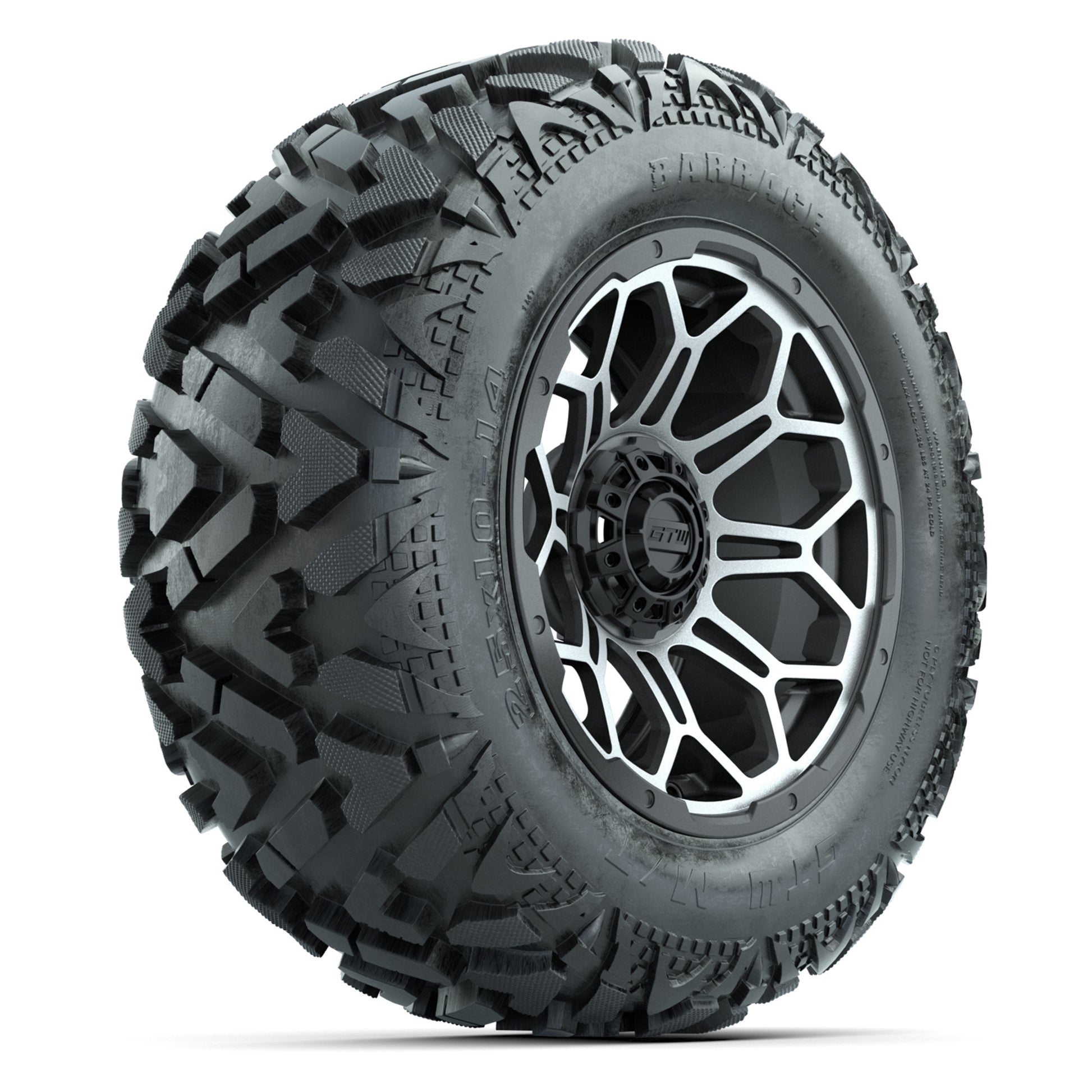 GTW Bravo Matte Gray/Machined 14 in Wheels with 25x10-14 Barrage Mud Tires – Full Set