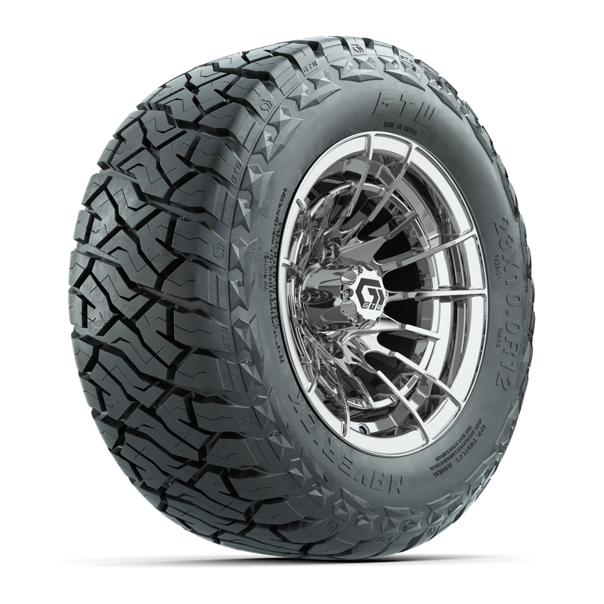 GTW Boost Chrome 12 in Wheels with 23x10.00-R12 Maverick All-Terrain Tires – Full Set