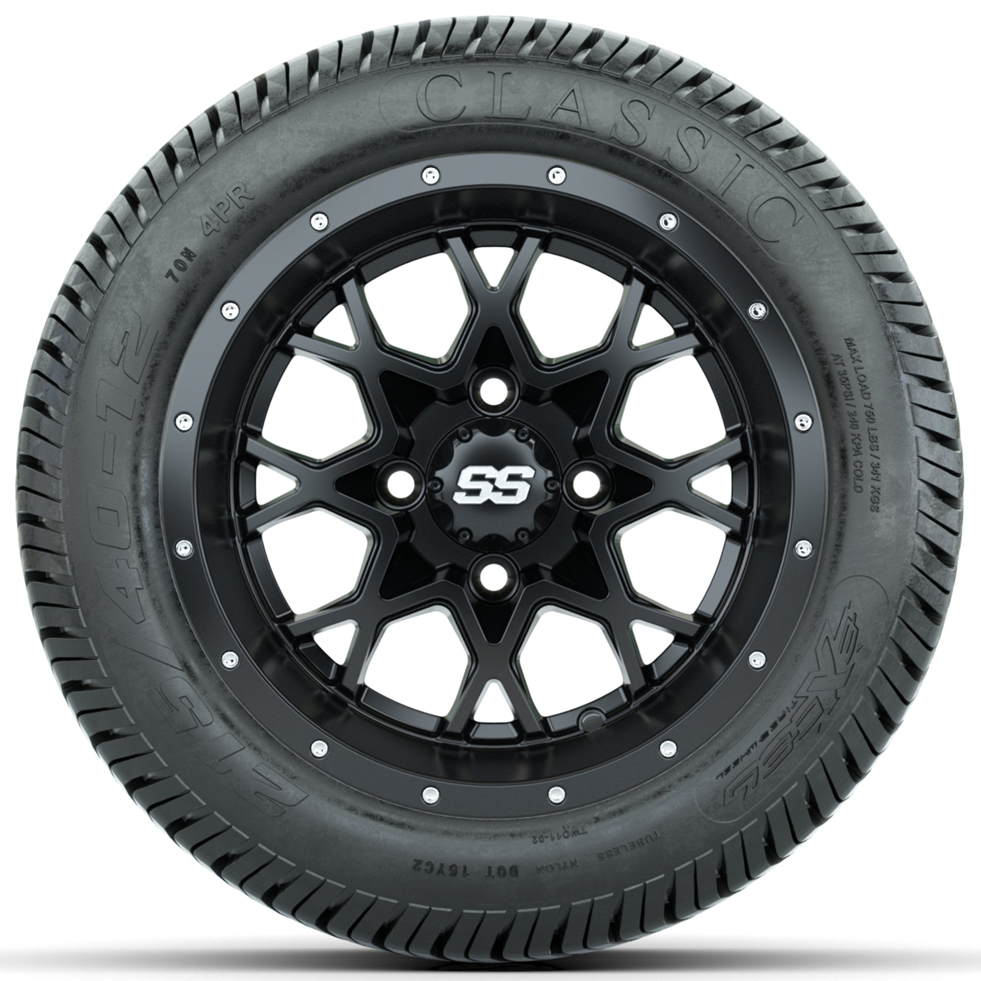 Set of (4) 12 in GTW Vortex Wheels with 215/40-12 Excel Classic Street Tires