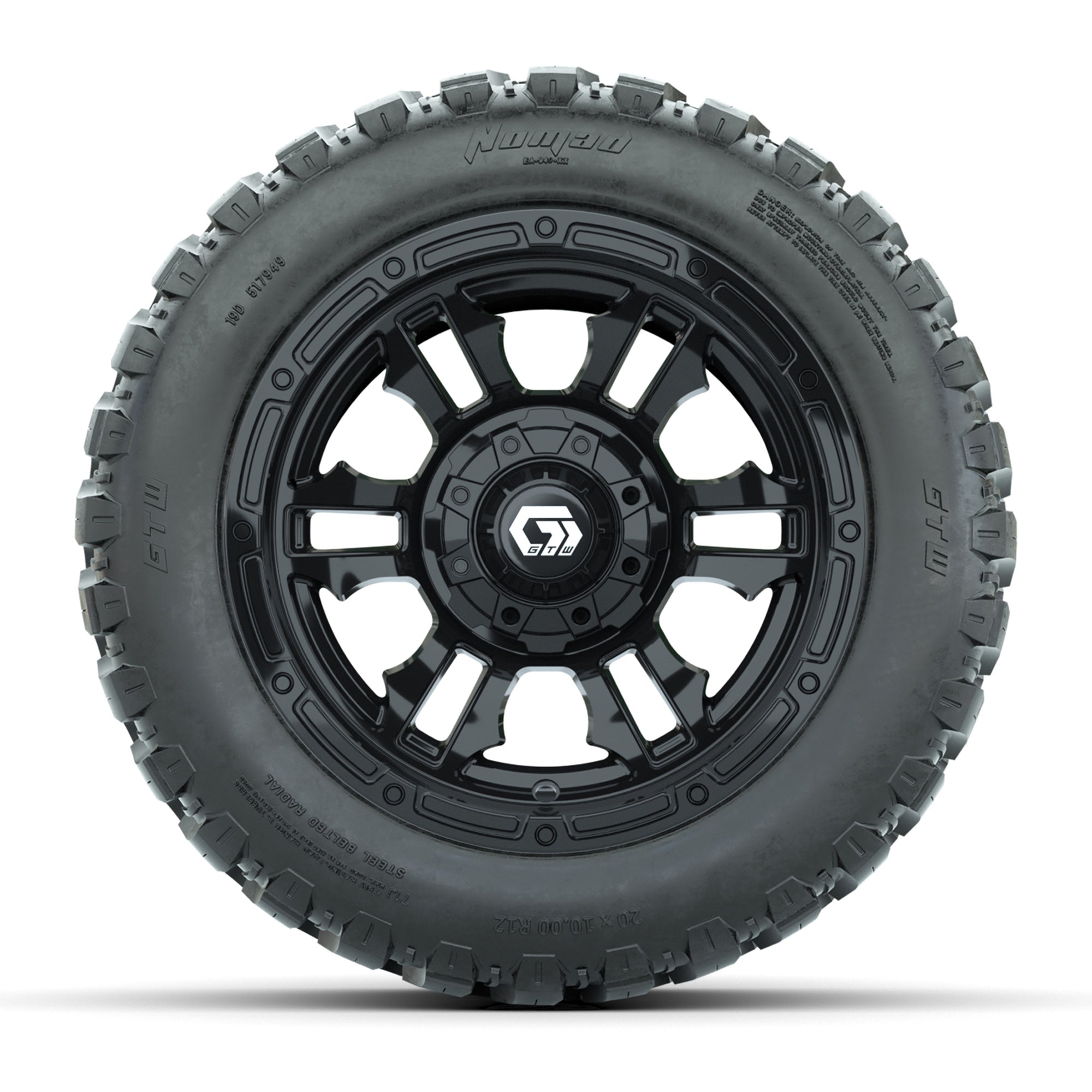 GTW® Shogun Gloss Black 12 in Wheels with 20X10-12 Nomad Steel Belt Radial All-Terrain Tires – Full Set