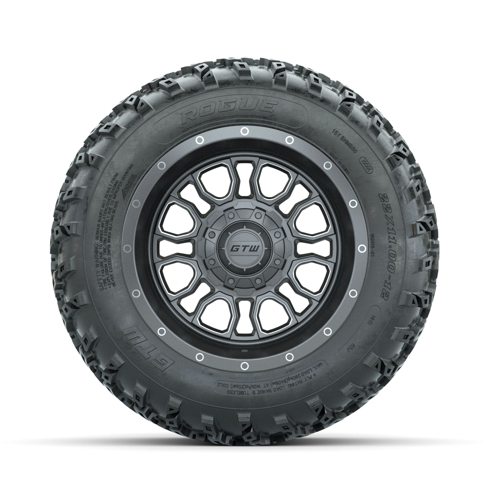 GTW Volt Gunmetal/Machined 12 in Wheels with 22x11.00-12 Rogue All Terrain Tires – Full Set