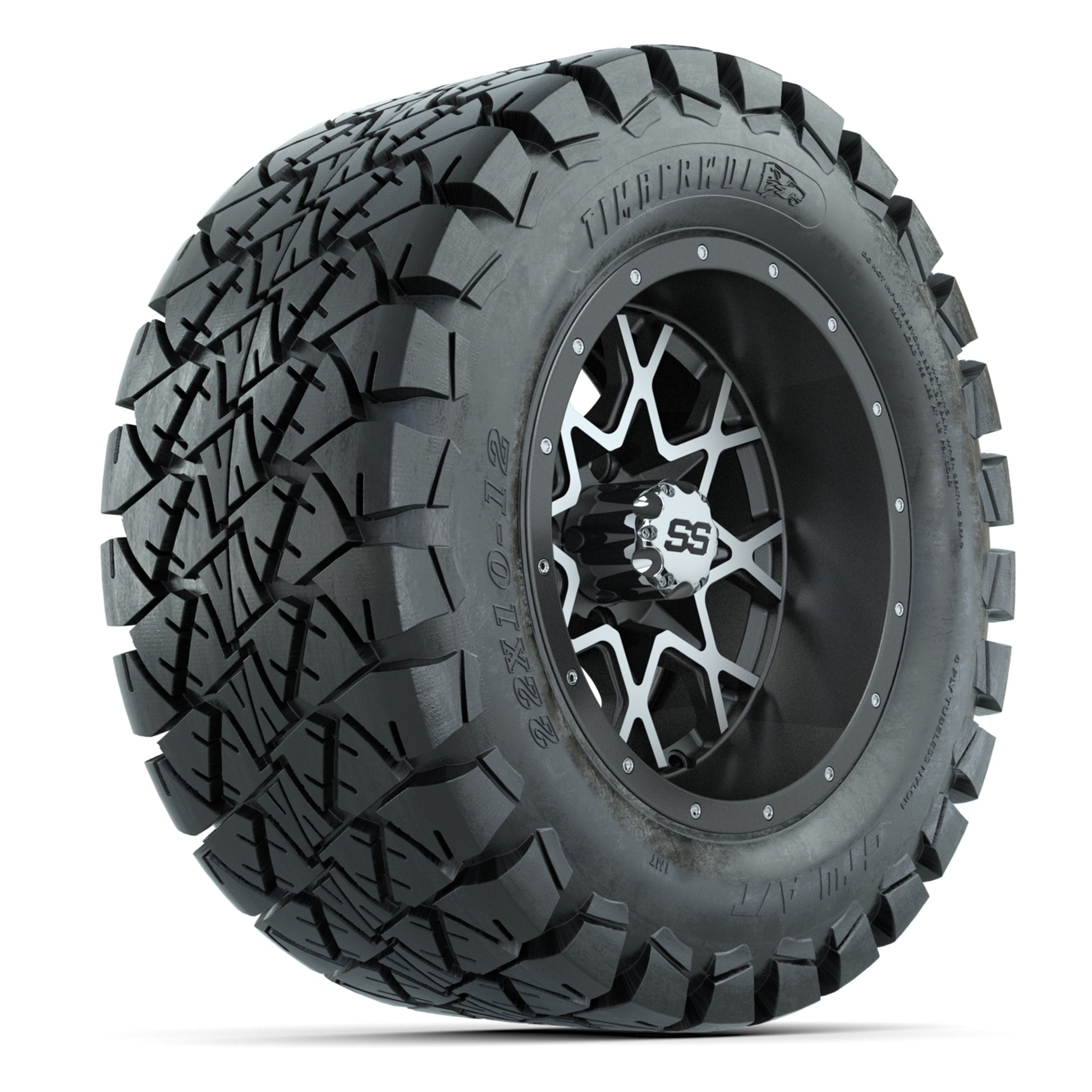 GTW® Vortex 2 Matte Gray/Machined 12 in Wheels with 22X10-12 Timberwolf All-Terrain Tires – Full Set