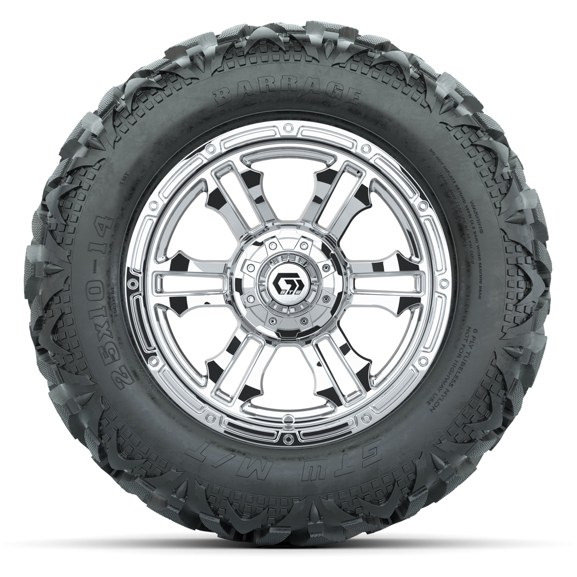 GTW Shogun Chrome 14 in Wheels with 25x10-14 Barrage Mud Tir - front view