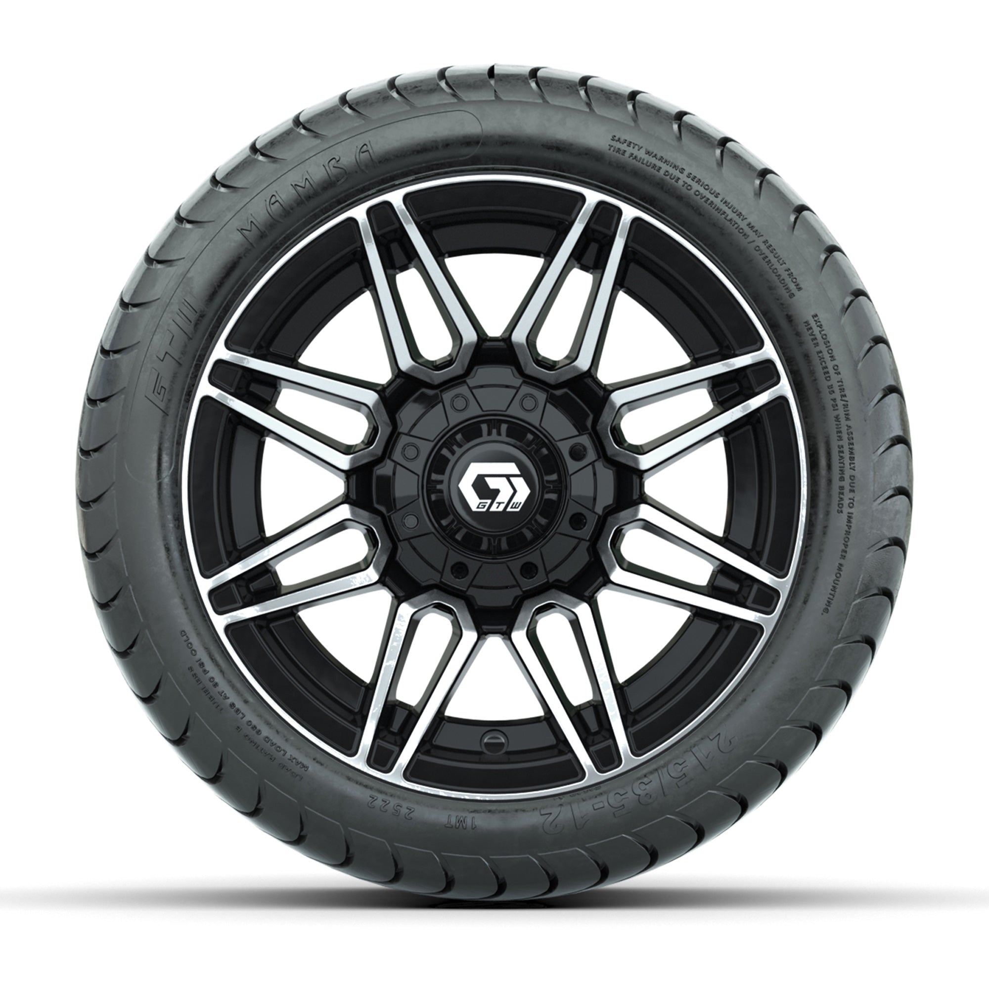 GTW® Stealth Black/Machined 12 in Wheels with 215/35-12 Mamba Street Tires – Full Set