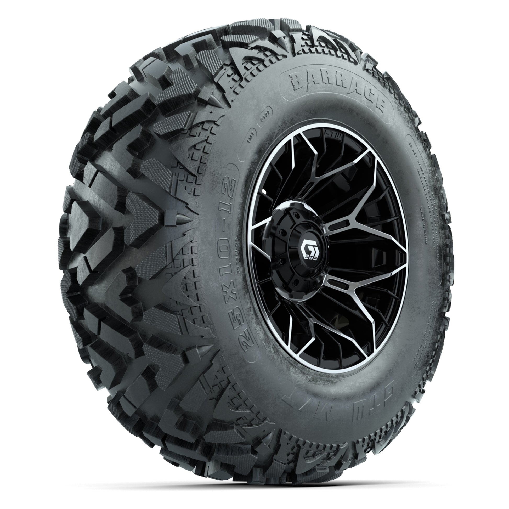 GTW® Stellar Black/Machined 12 in Wheels with 25X10-12 Barrage Mud Tires – Full Set