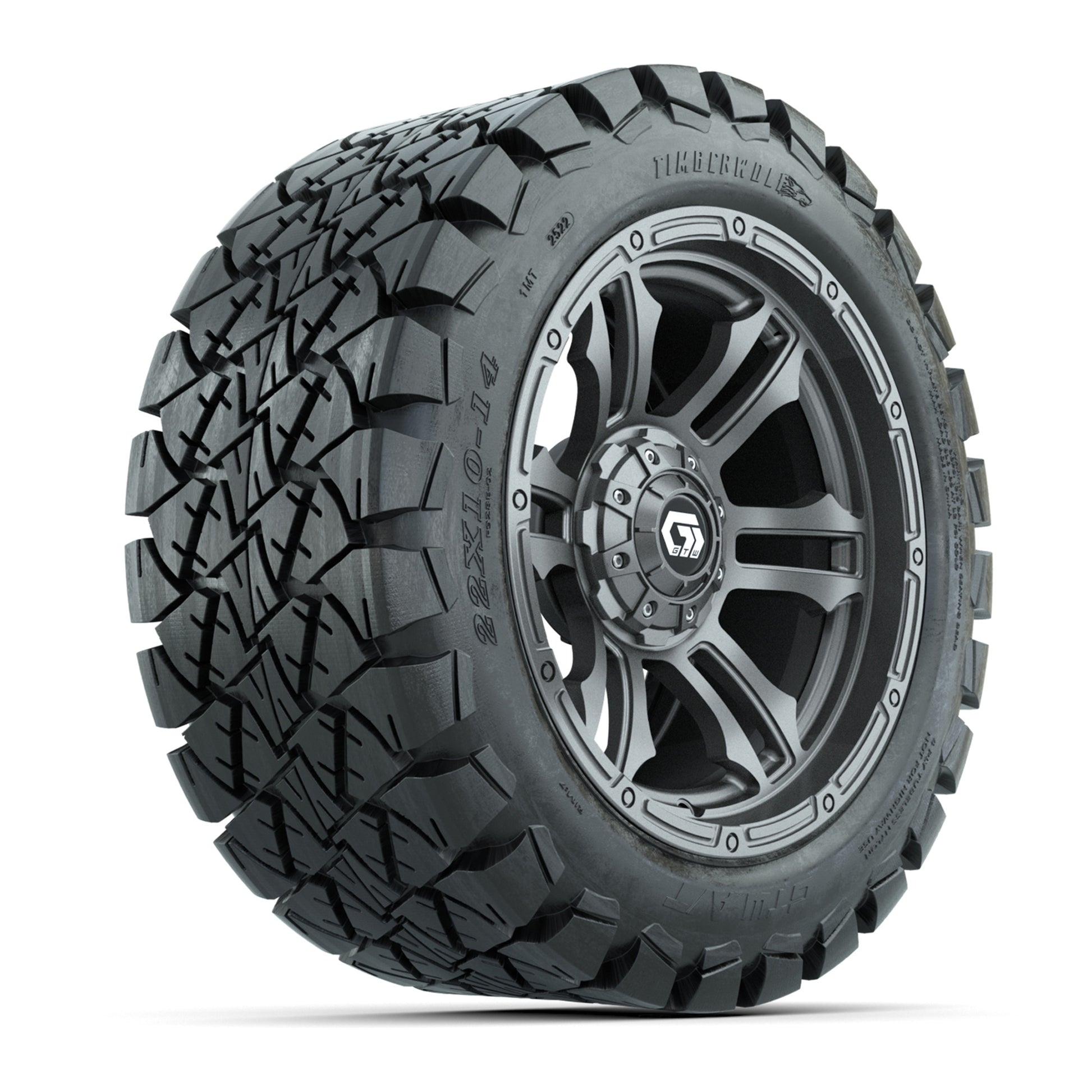 GTW® Shogun Gunmetal 14 in Wheels with 22x10-14 Timberwolf All-Terrain Tires – Full Set