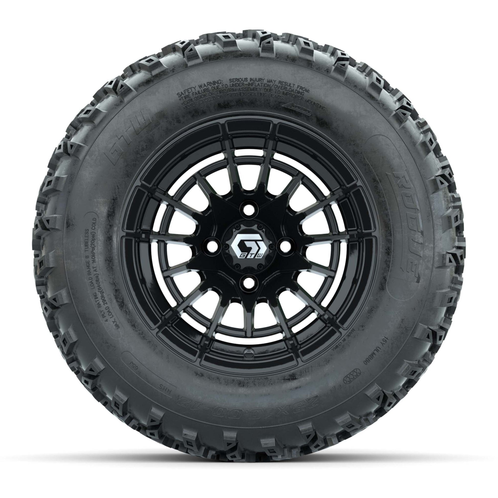 GTW® Boost Gloss Black 12 in Wheels with 23X10.00-12 Rogue All-Terrain Tires – Full Set