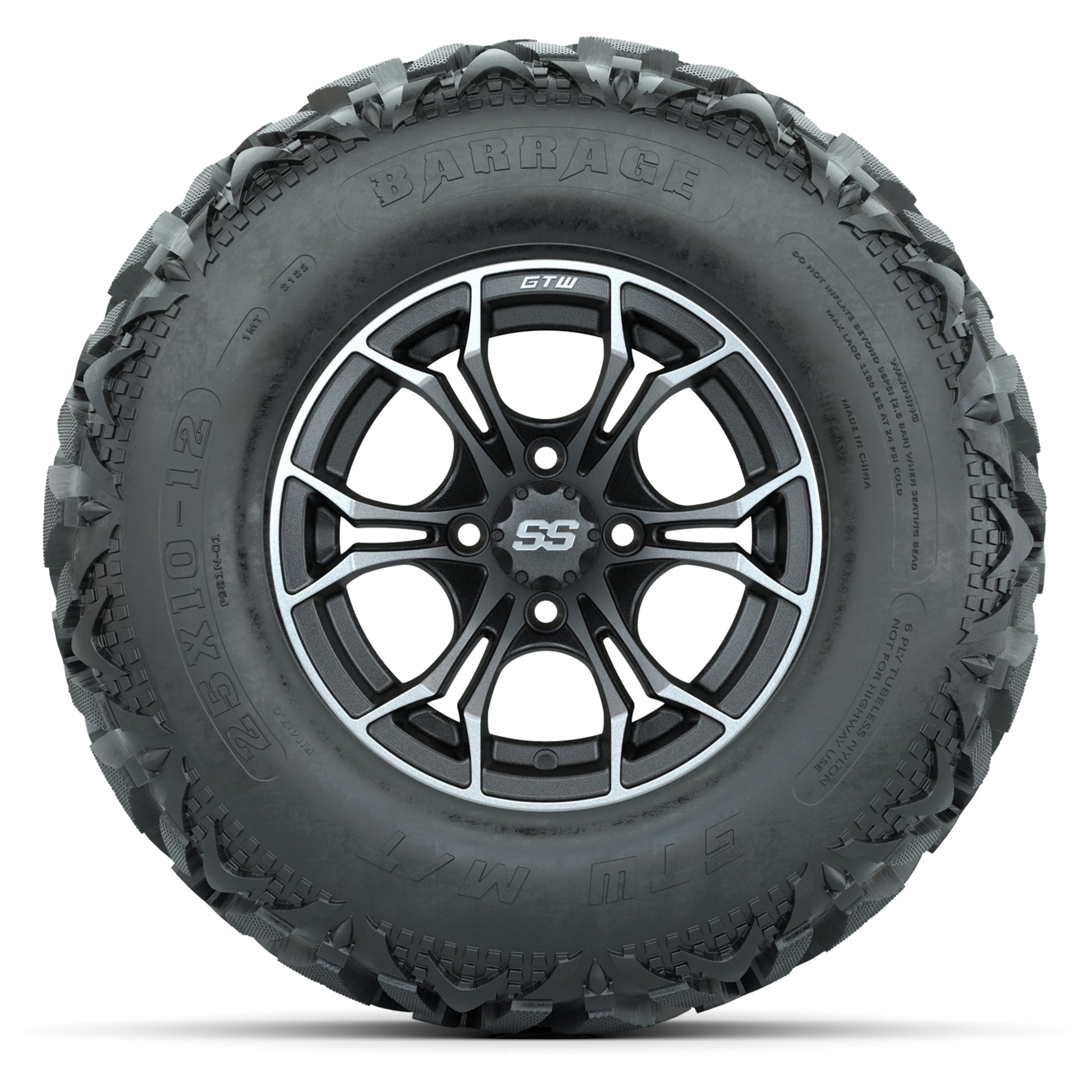 GTW® Spyder Matte Gray/Machined 12 in Wheels with 25X10-12 Barrage Mud Tires – Full Set