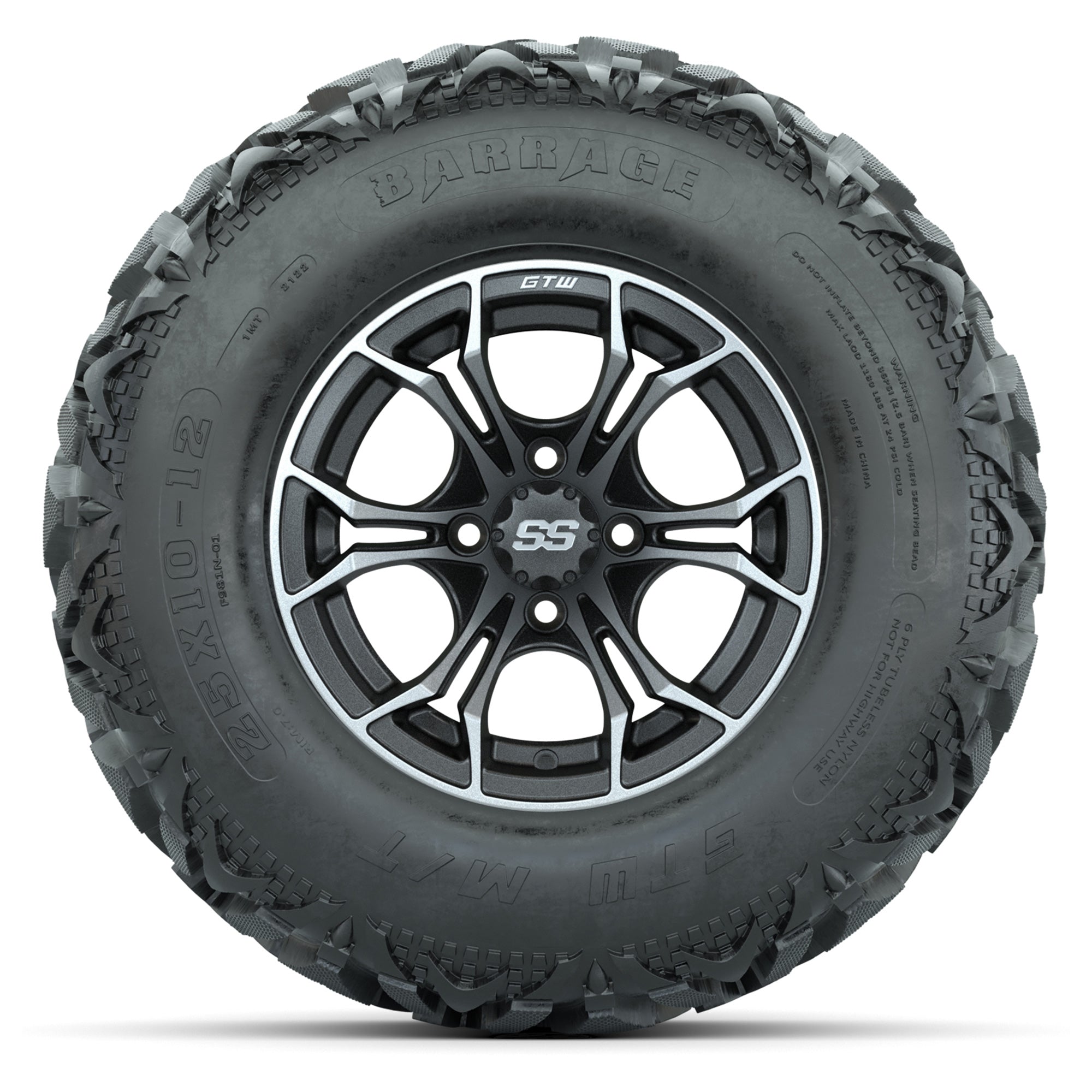 GTW® Spyder Matte Gray/Machined 12 in Wheels with 25X10-12 Barrage Mud Tires – Full Set