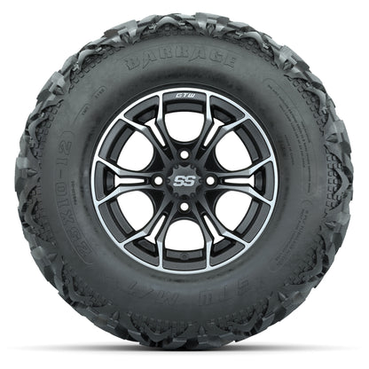 GTW® Spyder Matte Gray/Machined 12 in Wheels with 25X10-12 Barrage Mud Tires – Full Set