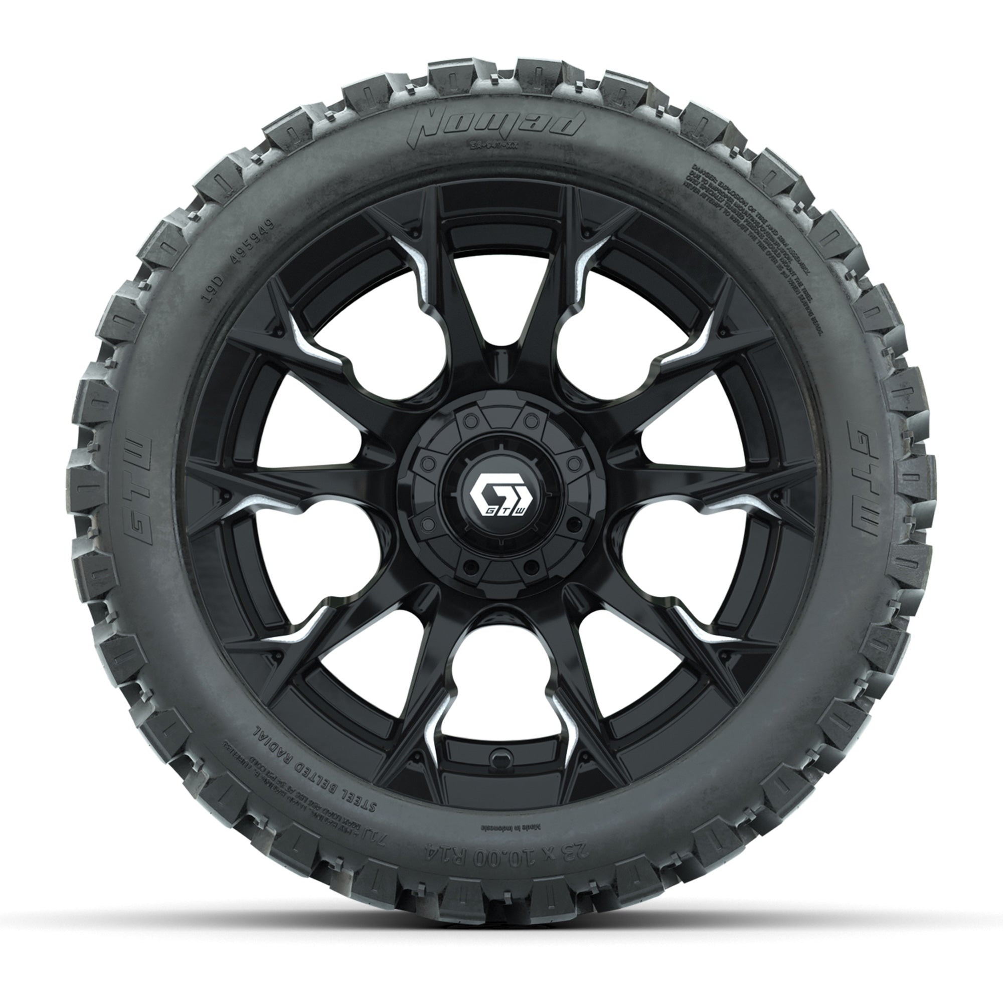 GTW® Diablo Gloss Black/Machined 14 in Wheels with 23X10-R14 - 3/4 view