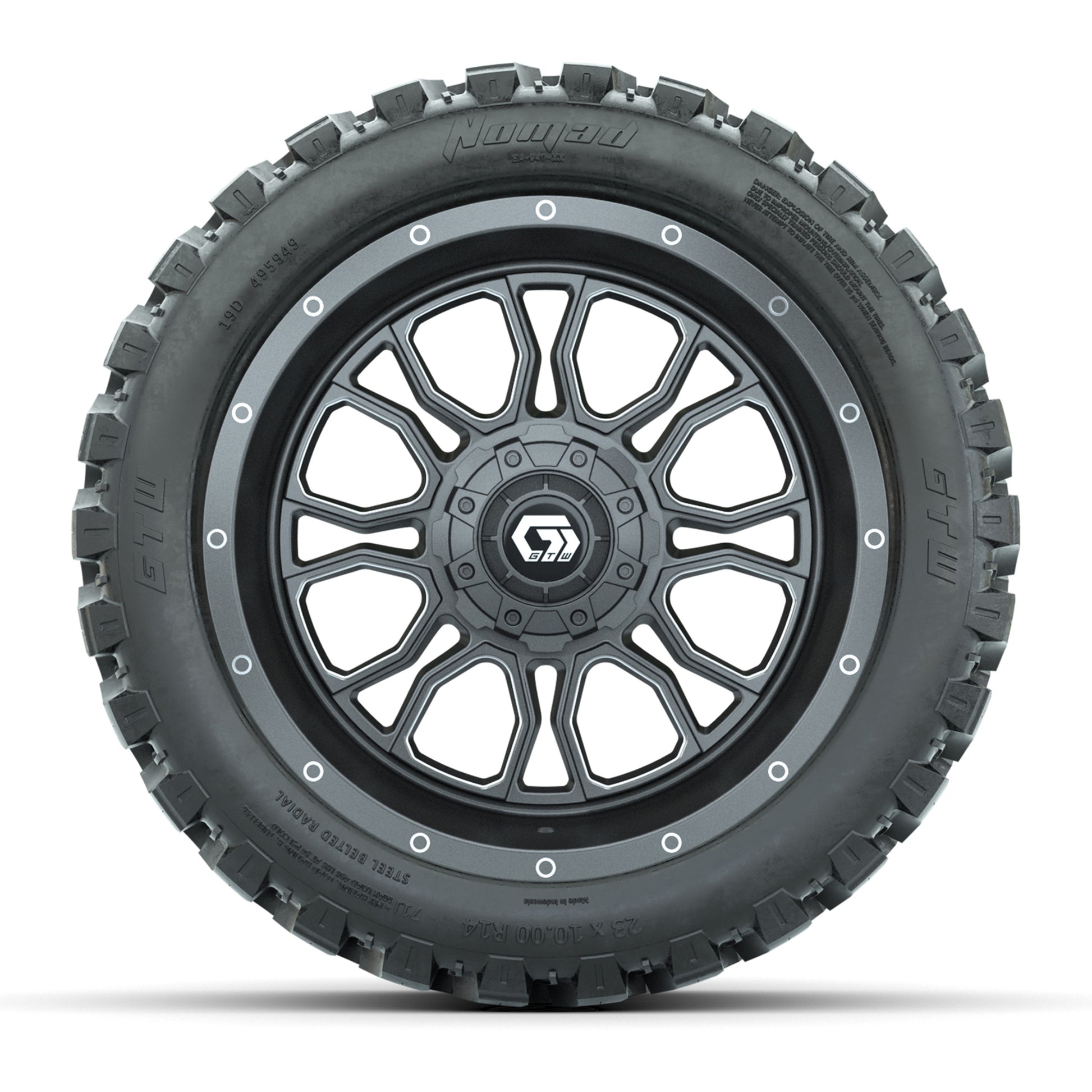 GTW Volt Gunmetal/Machined 14 in Wheels with 23x10-R14 Nomad - front view