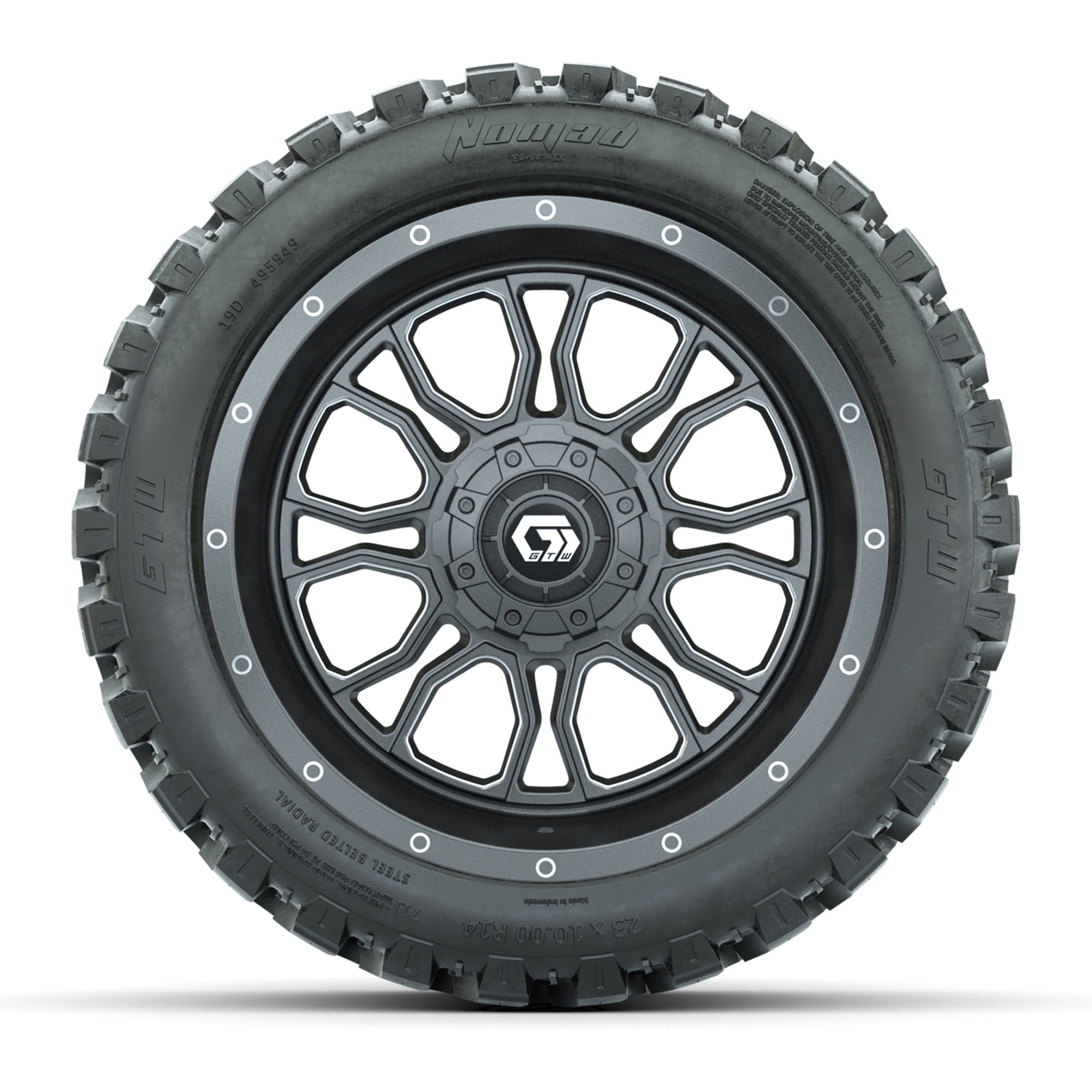 GTW Volt Gunmetal/Machined 14 in Wheels with 23x10-R14 Nomad - 3/4 view