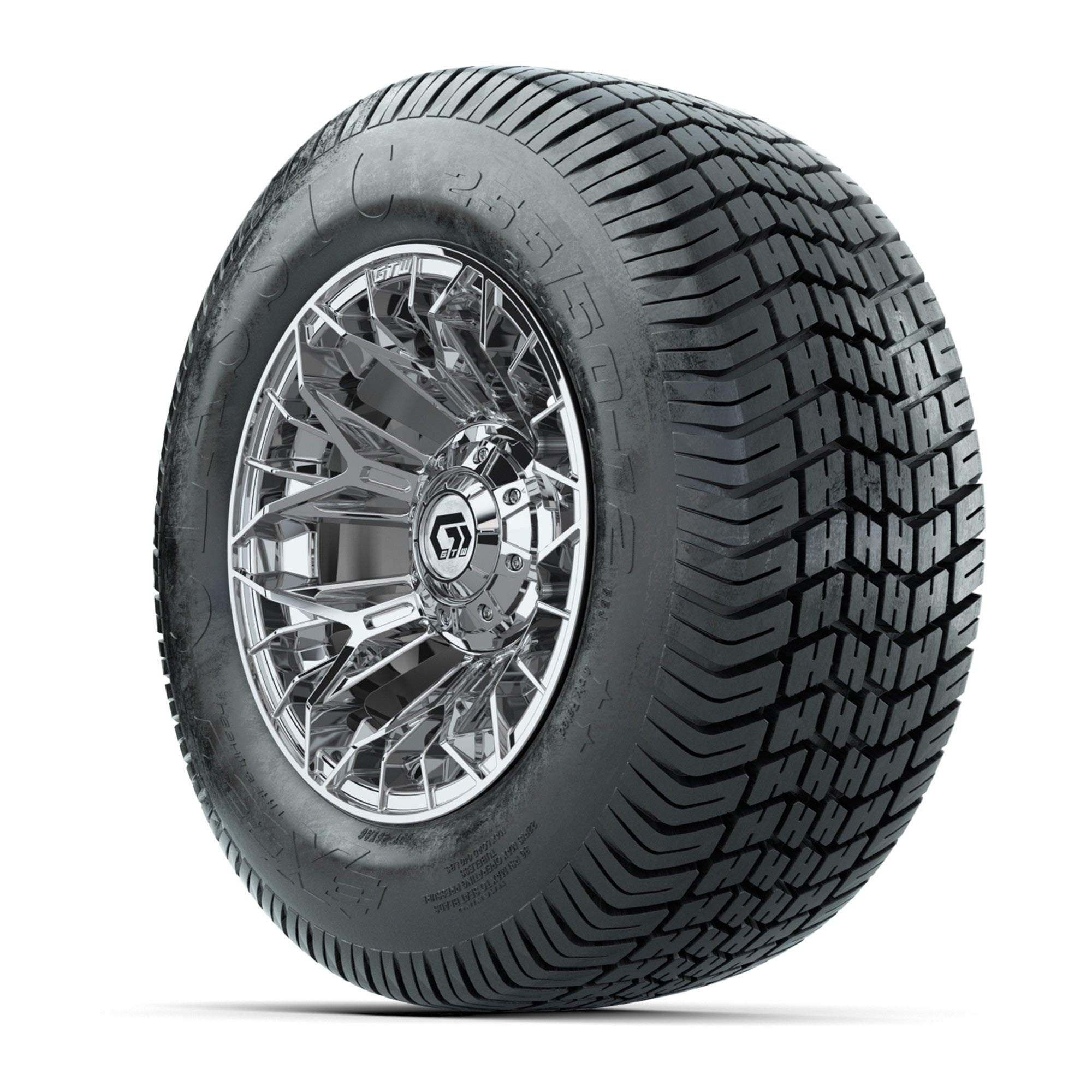 GTW® Stellar Chrome 12 in Wheels with 255/50-12 Excel Classic Street Tires – Full Set