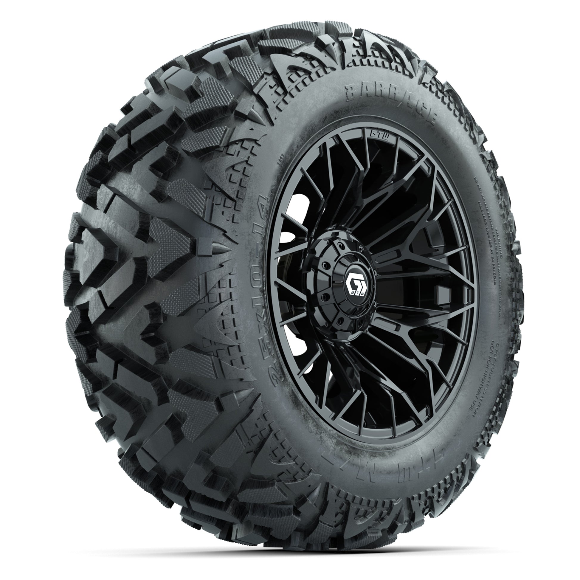 GTW Stellar Black 14 in Wheels with 25x10-14 Barrage Mud Tires – Full Set