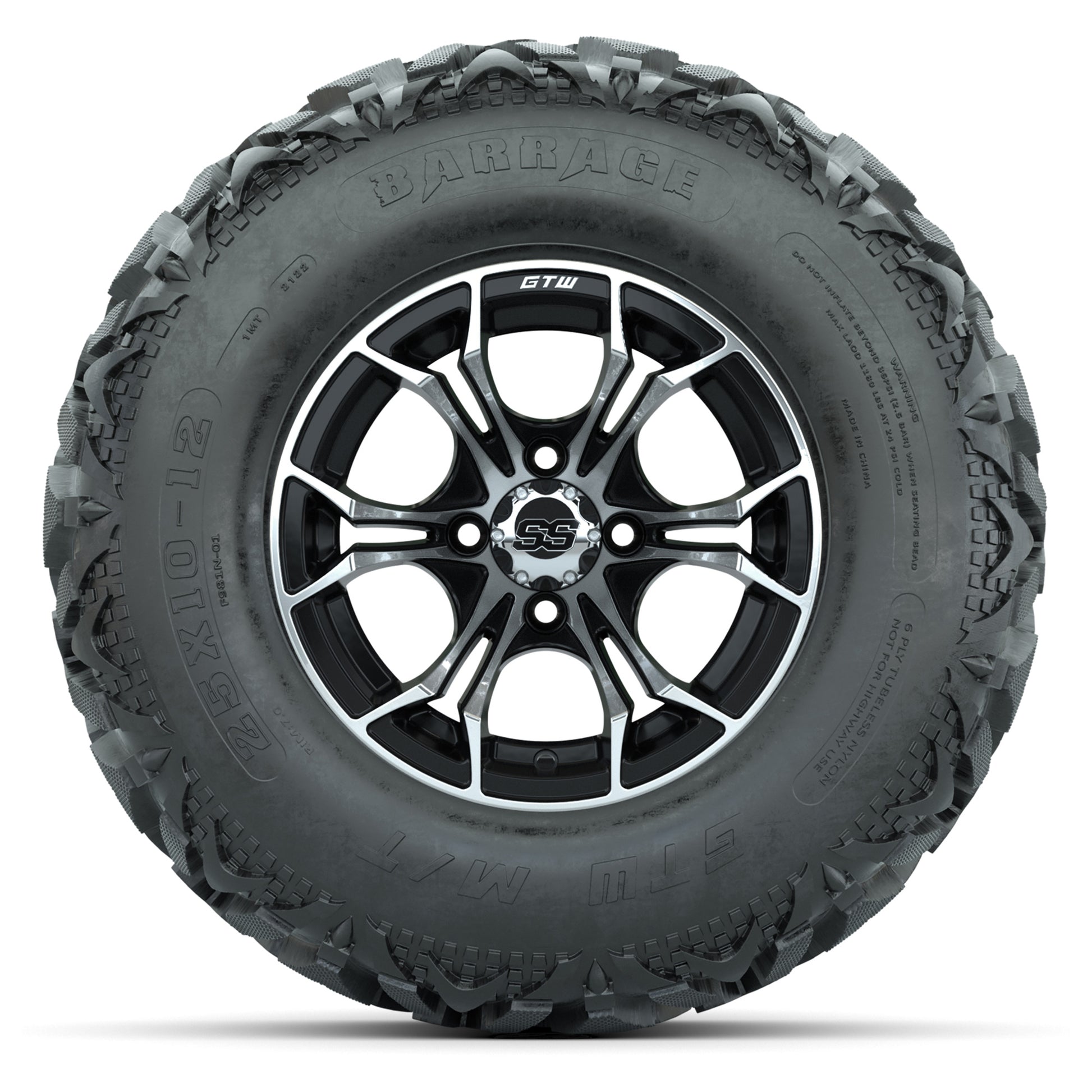 GTW® Spyder Black/Machined 12 in Wheels with 25X10-12 Barrage Mud Tires – Full Set