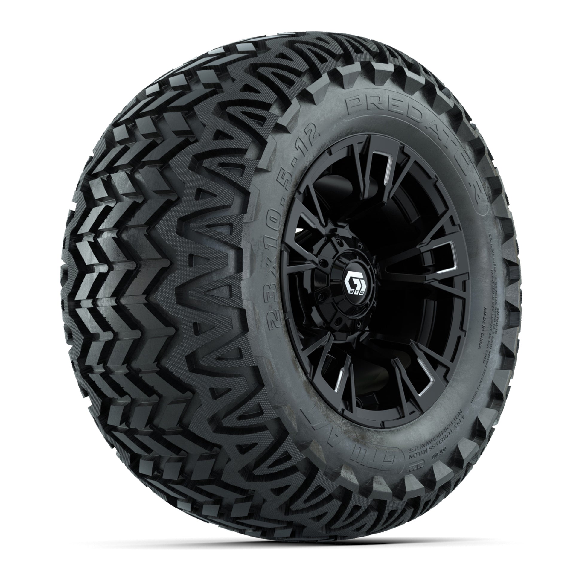 GTW® Vandal Matte Black/Machined 12 in Wheels with 23X10.5-12 Predator All-Terrain Tires – Full Set