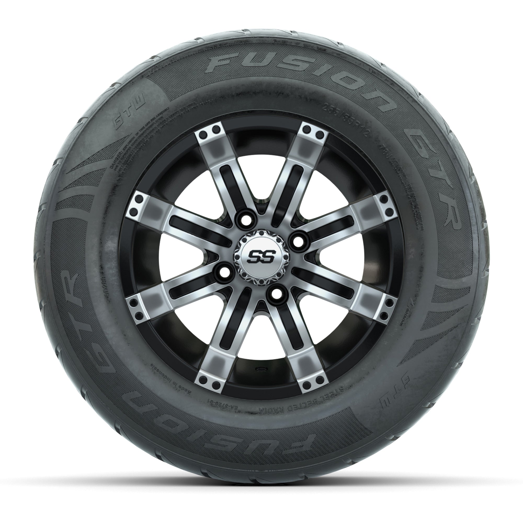 GTW® Tempest Black/Machined 12 in Wheels with 255/55-R12 Fusion GTR Steel Belt Radial Street Tires – Full Set