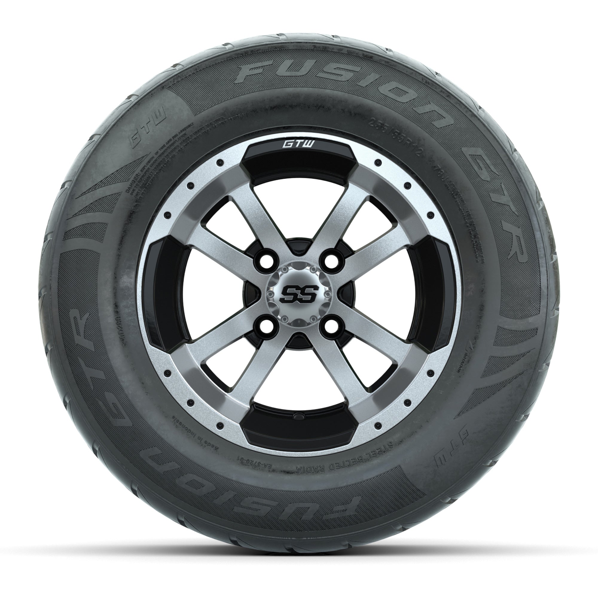 GTW® Storm Trooper Black/Machined 12 in Wheels with 255/55-R12 Fusion GTR Steel Belt Radial Street Tires – Full Set
