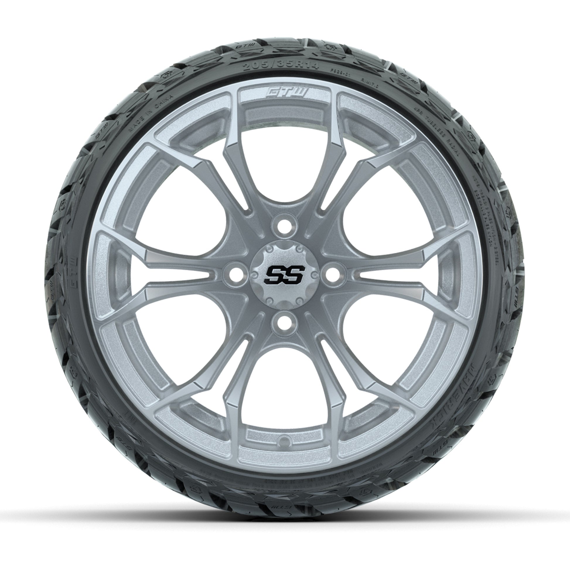 GTW® Spyder Silver Brush 14 in Wheels with 205/35-R14 Maveri - front view