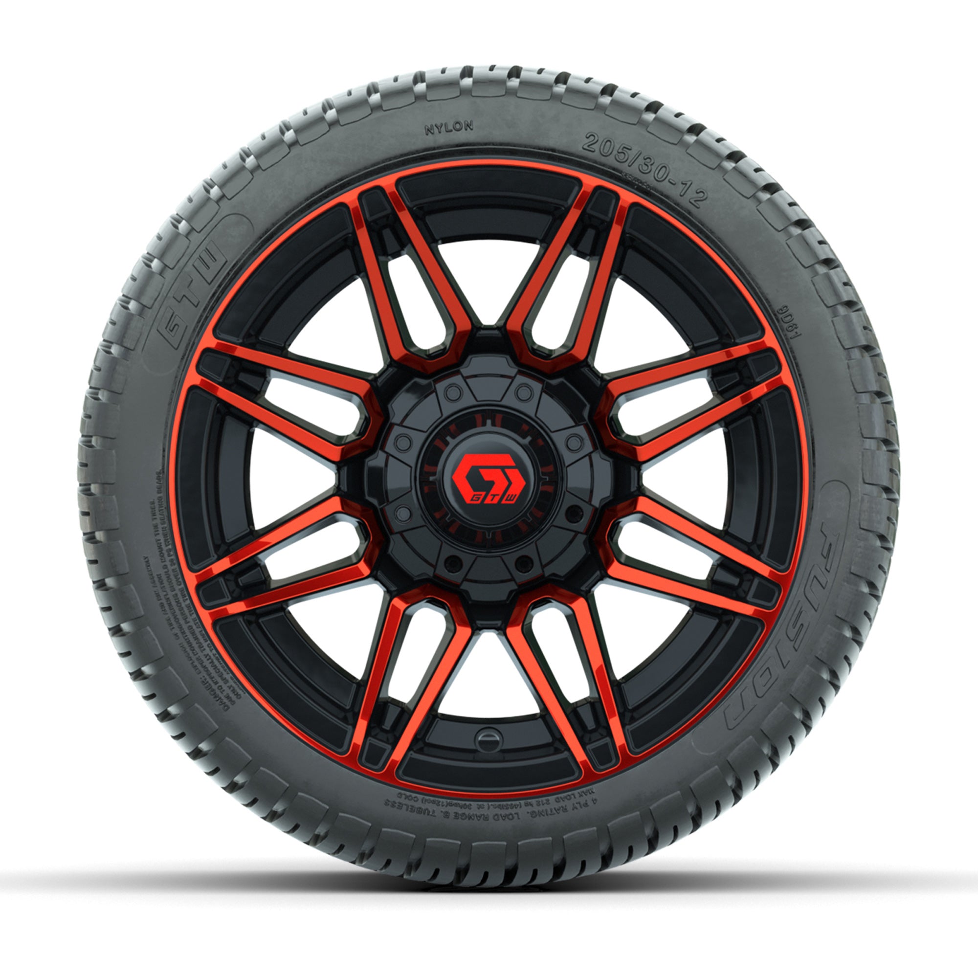 GTW® Stealth Red/Machined 12 in Wheels with 205/30-12 Fusion Street Tires – Full Set