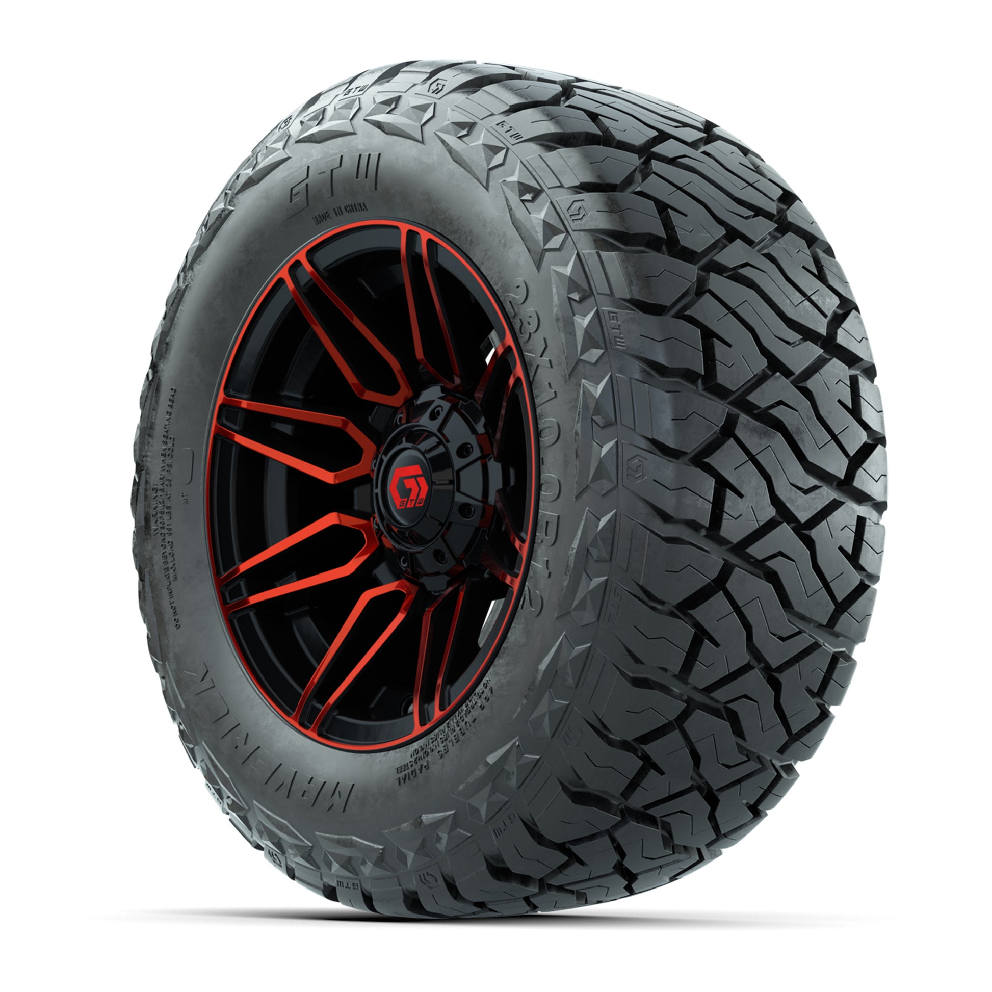GTW Stealth Gloss Black/Red 12 in Wheels with 23x10.00-R12 Maverick All-Terrain Tires – Full Set