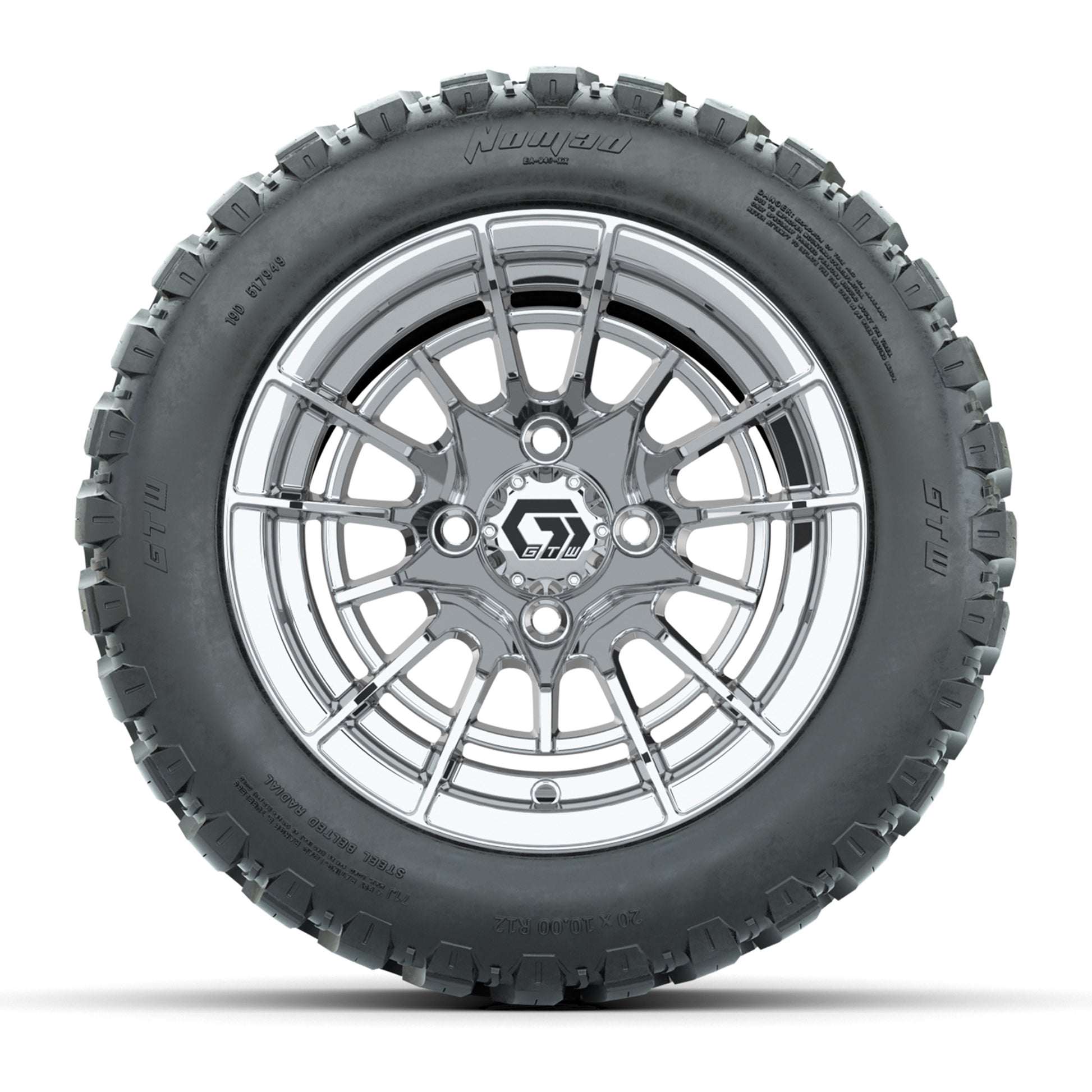 GTW® Boost Chrome 12 in Wheels with 20X10-12 Nomad Steel Belt Radial All-Terrain Tires – Full Set