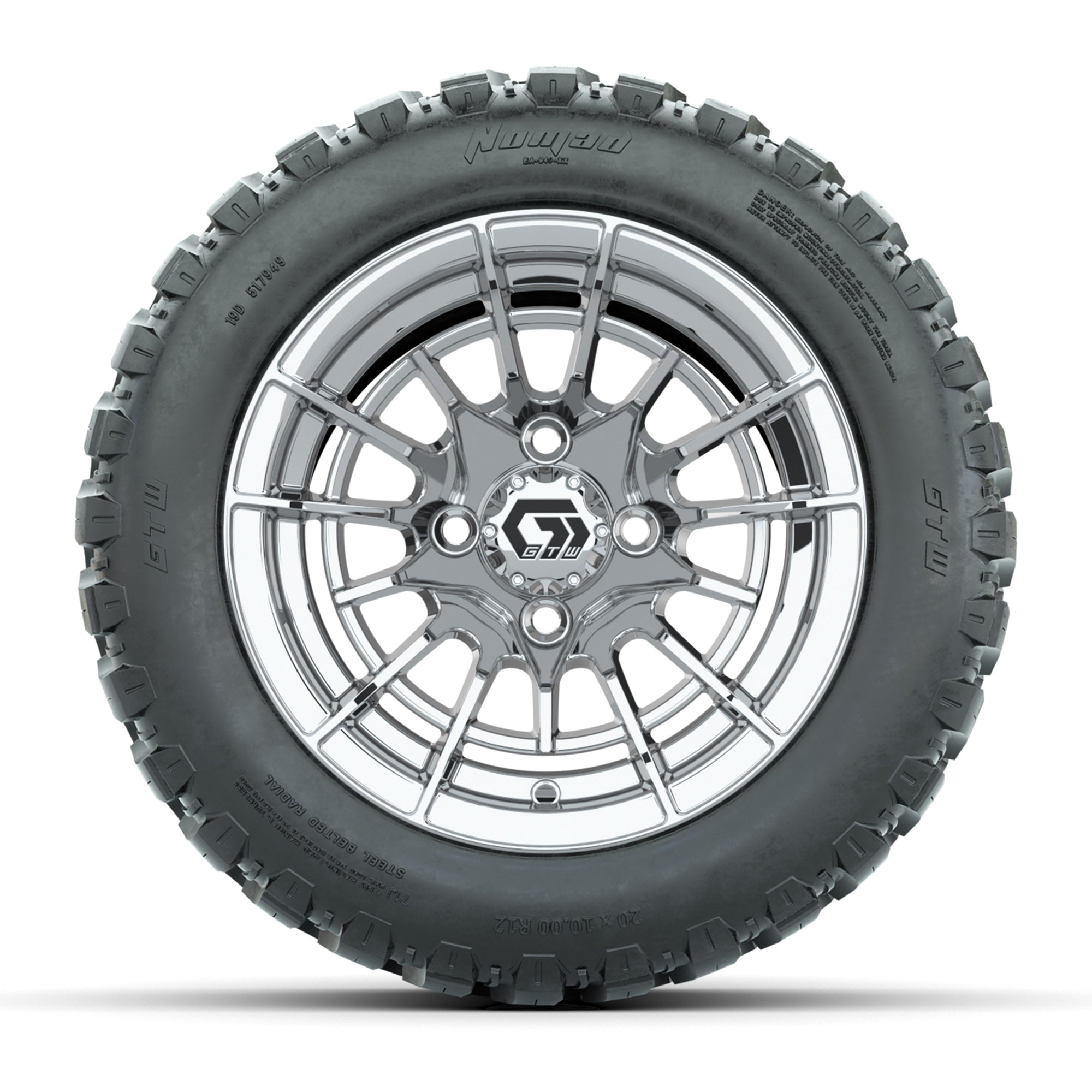 GTW® Boost Chrome 12 in Wheels with 20X10-12 Nomad Steel Belt Radial All-Terrain Tires – Full Set