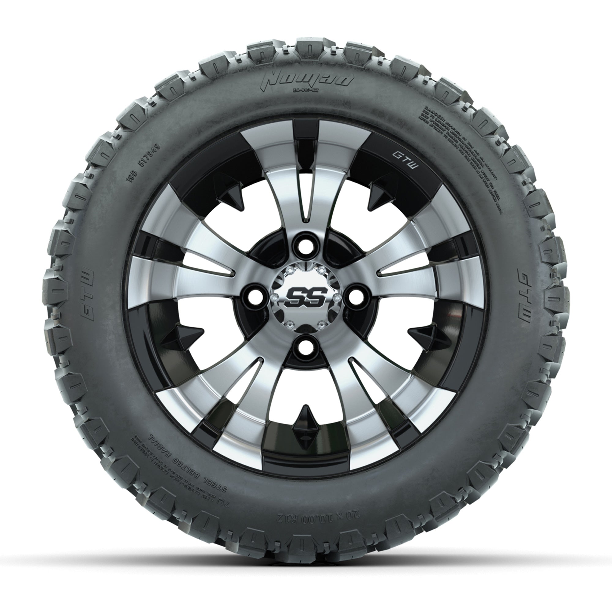 GTW® Vampire Black/Machined 12 in Wheels with 20X10-12 Nomad Steel Belt Radial All-Terrain Tires – Full Set