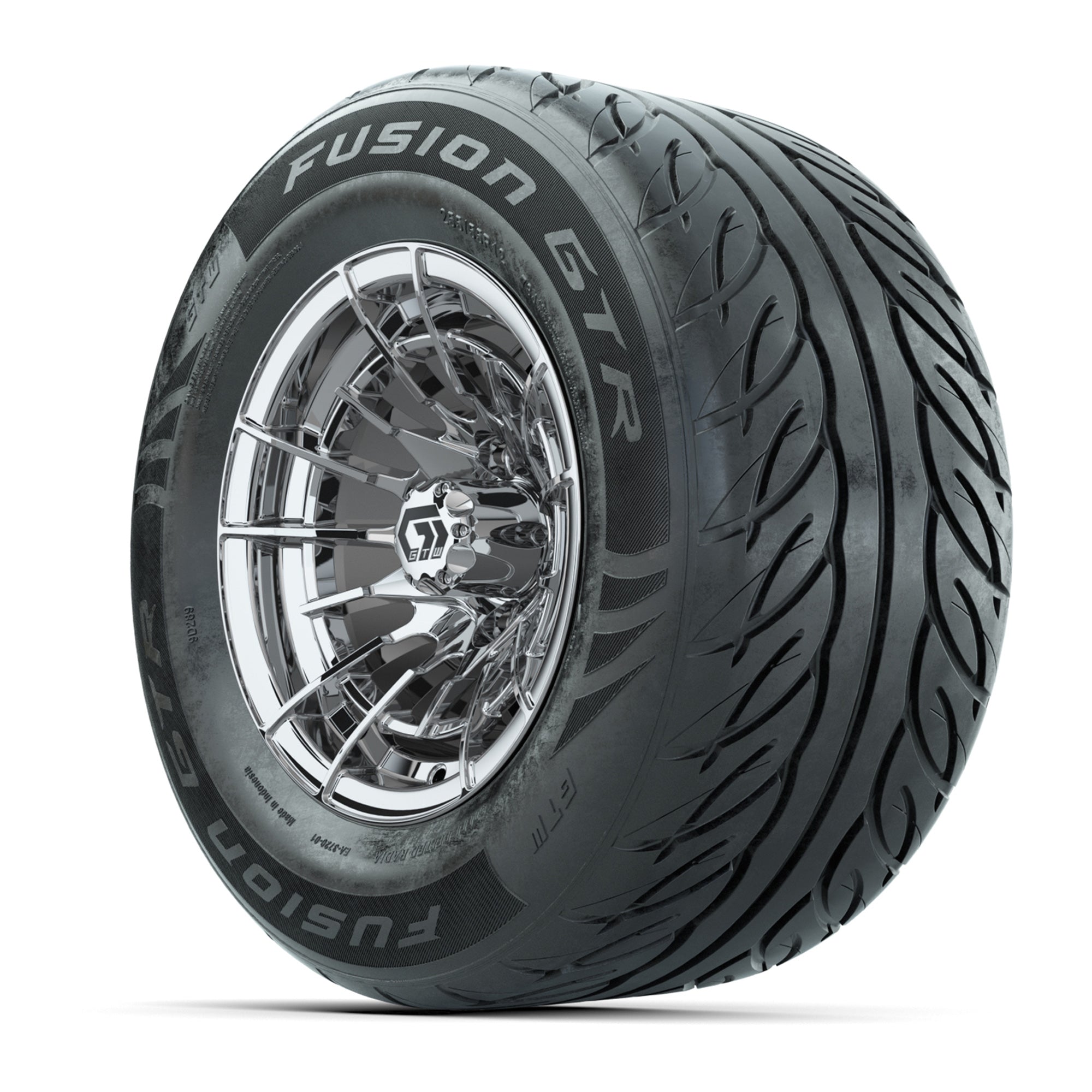 GTW® Boost Chrome 12 in Wheels with 255/55-R12 Fusion GTR Steel Belt Radial Street Tires – Full Set