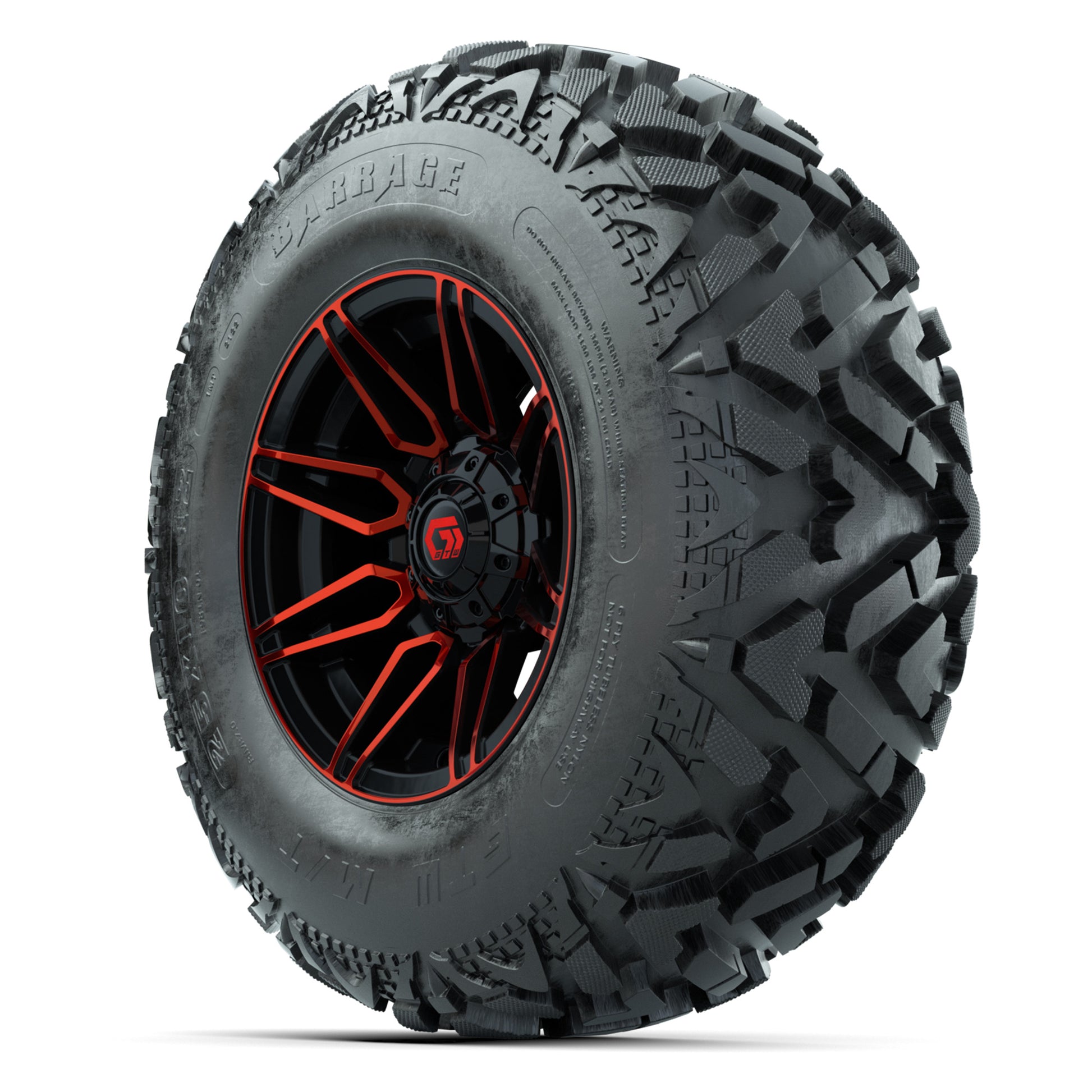 GTW® Stealth Red/Machined 12 in Wheels with 25X10-12 Barrage Mud Tires – Full Set
