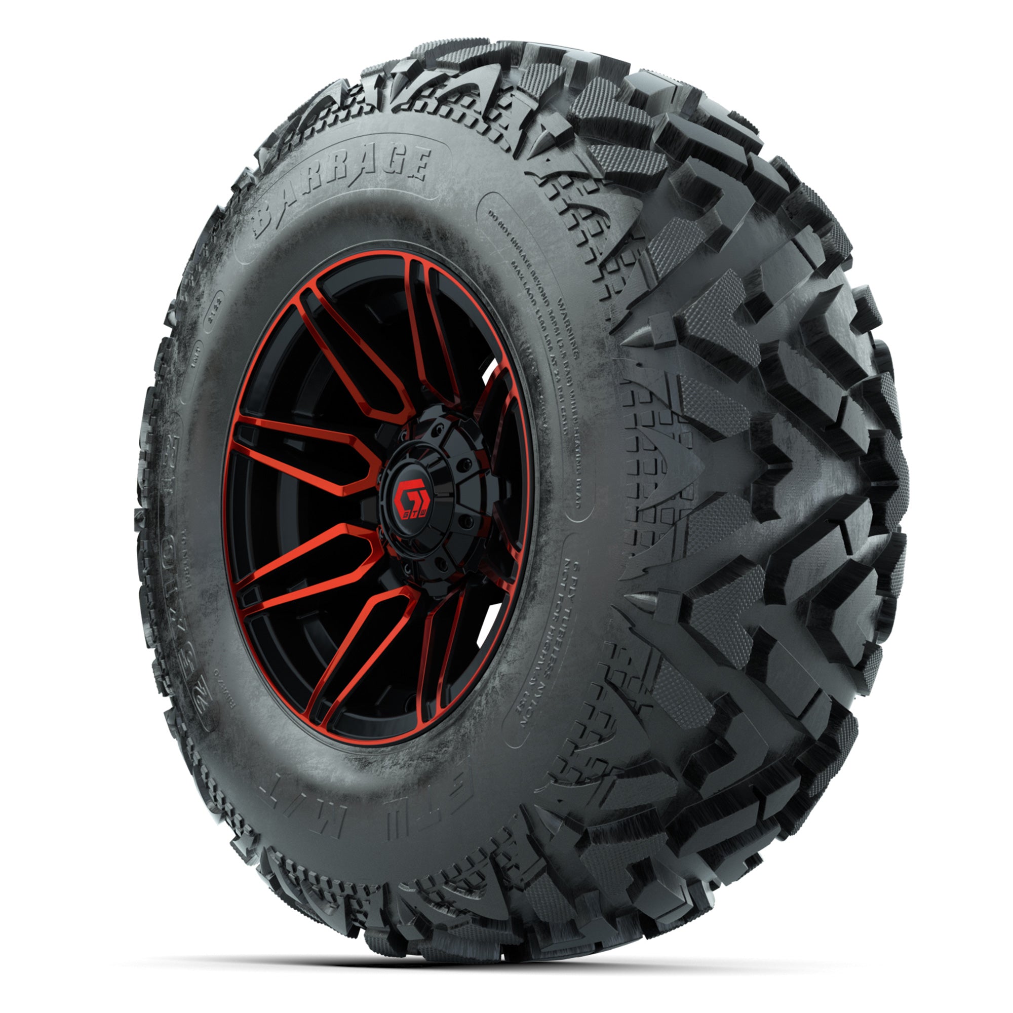 GTW® Stealth Red/Machined 12 in Wheels with 25X10-12 Barrage Mud Tires – Full Set