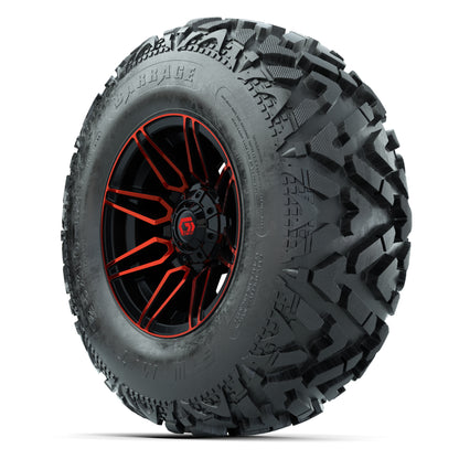 GTW® Stealth Red/Machined 12 in Wheels with 25X10-12 Barrage Mud Tires – Full Set